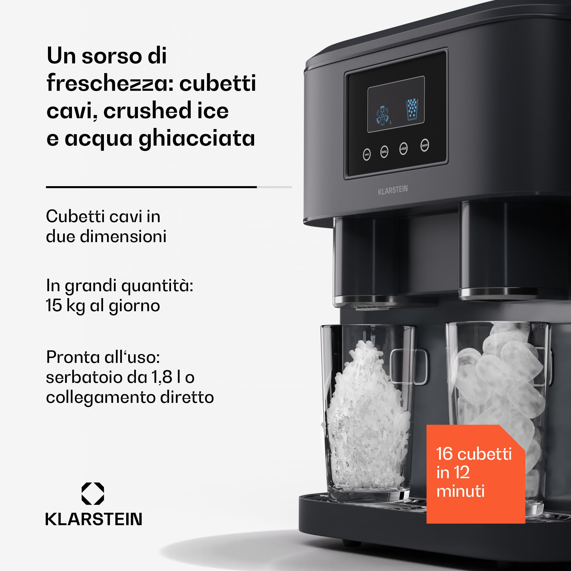 Klarstein Macchina per il ghiaccio 1,8 l, Ice Maker Capacità 15 kg, macchina per fare cubetti controsoffitto per grandi e piccoli