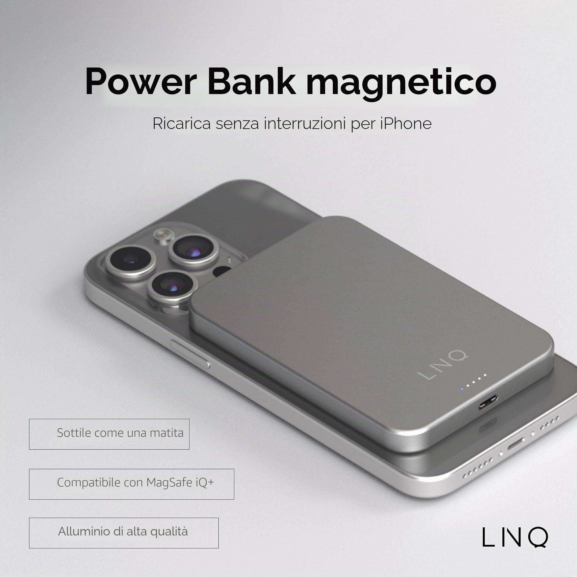 LINQ power bank 5.000mAh 20W magnetico, ultra sottile, in alluminio | Adatto per iPhone e dispositivi compatibili, uscita USB-C, aggancio magnetico forte e sicuro