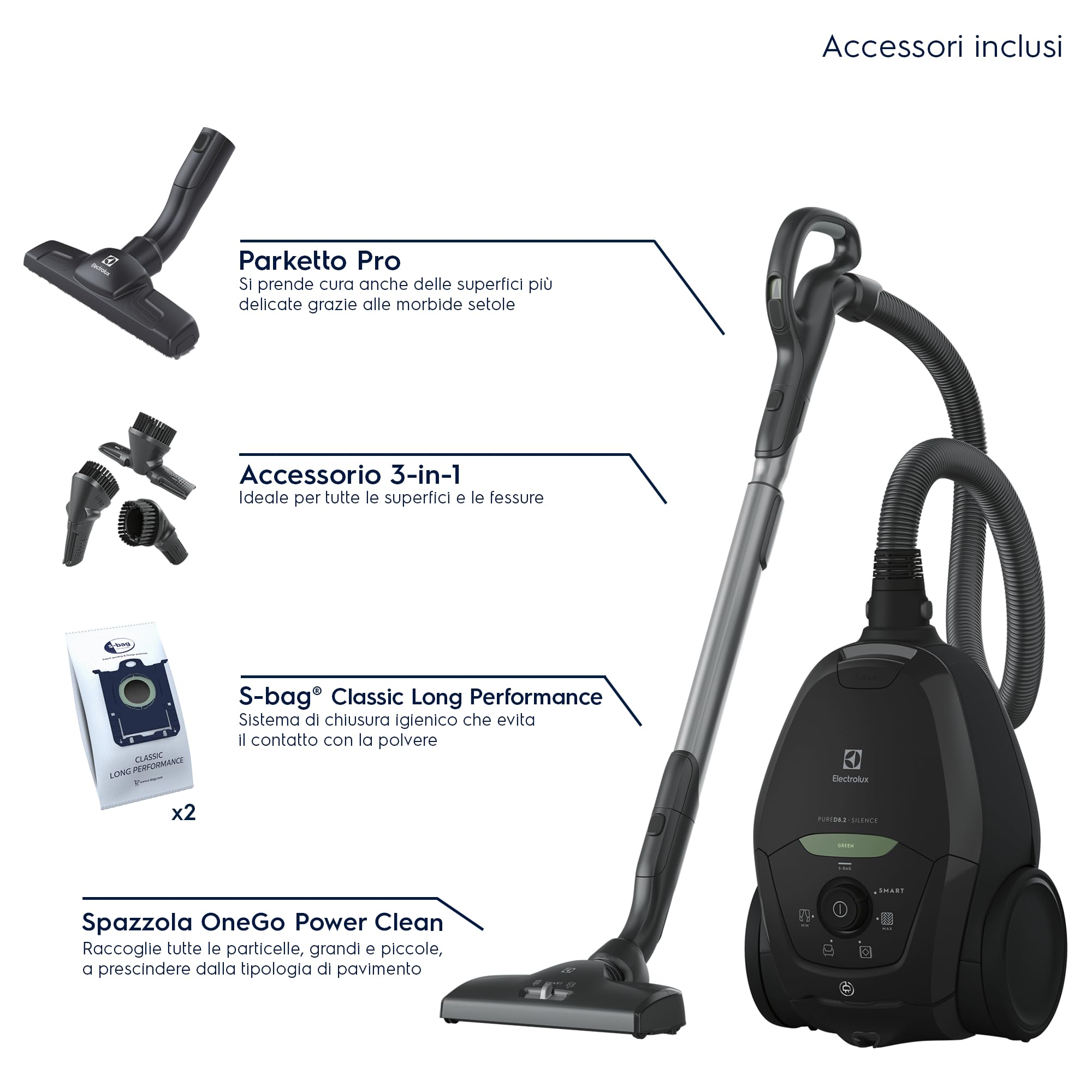 Electrolux PD82-GREEN, Aspirapolvere con Sacco Pure D8.2, Potenza Massima 600 W, Sistema di Aspirazione AeroPro, 2 Spazzole e Accessorio 3in1, Silenzioso 57 dB, Filtro HEPA