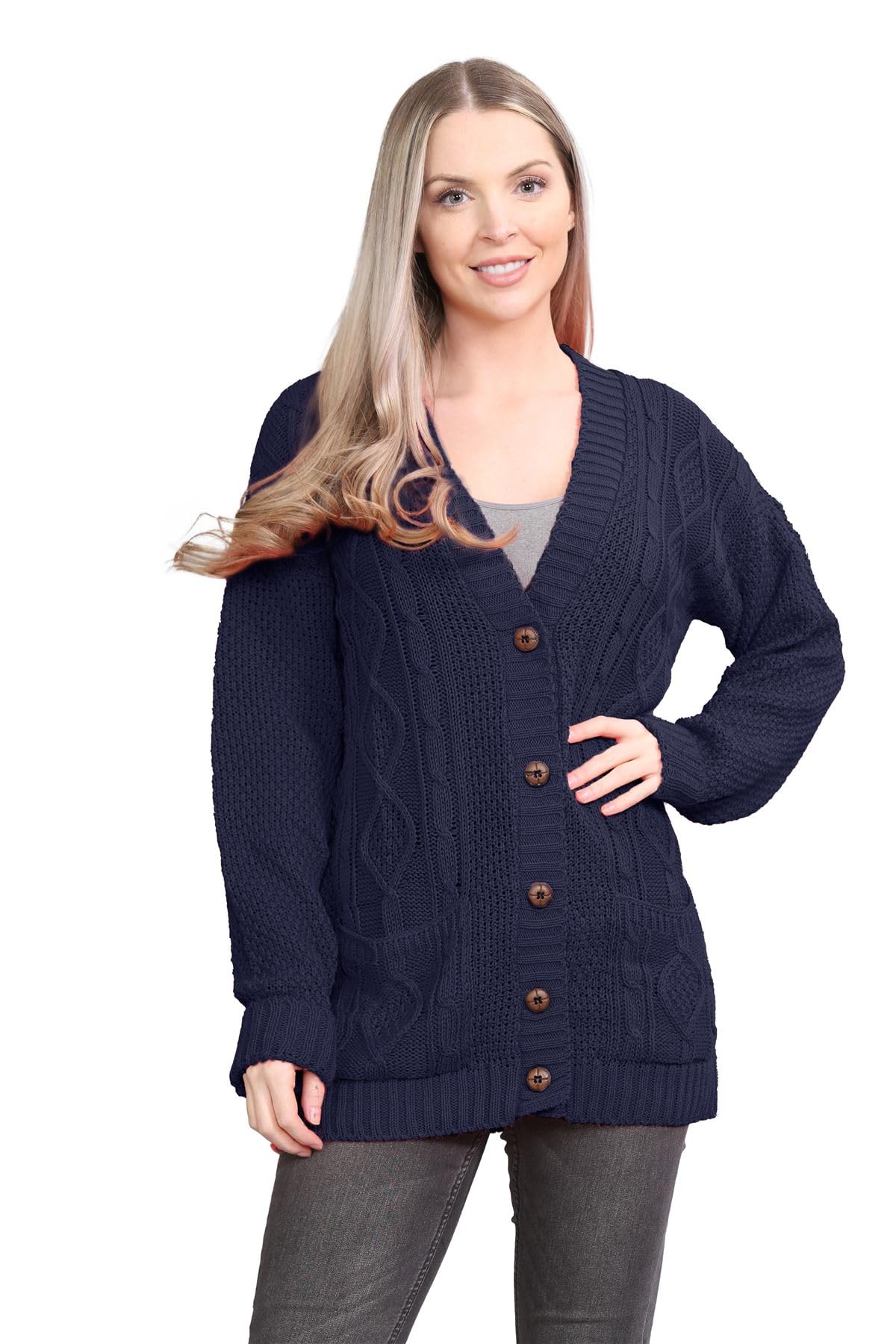 Janisramone Women's Navy Janisramone® Long Sleeve Chunky Cardigans For Uk, V Neck Button Up Cable Knit Cardigans, Warm Winter Long Jumpers Top For Casual And Daily Knitwear Cardigan