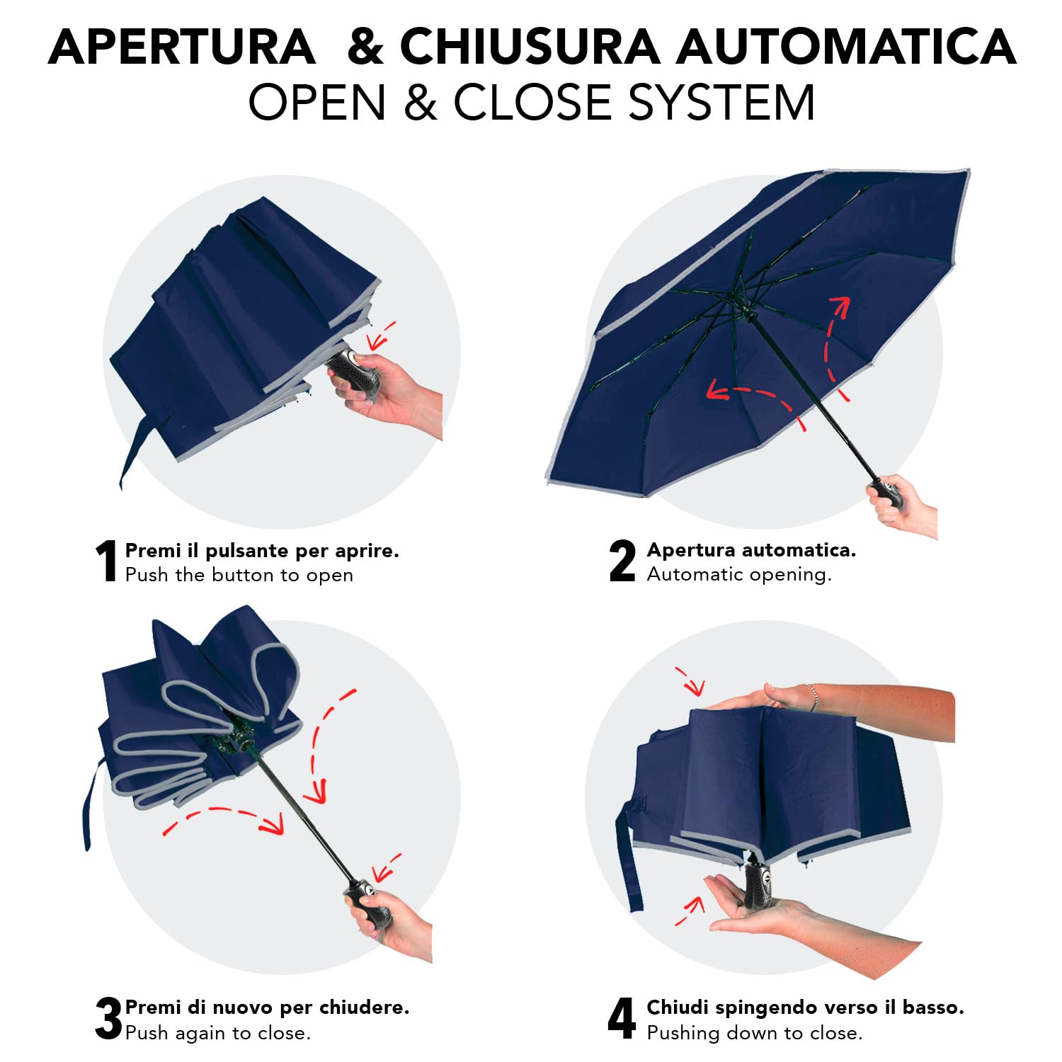 PERLETTI Ombrello Uomo Pieghevole Apri Chiudi Automatico - Tessuto Microfibra con Bordino Riflettente di Sicurezza - Ombrello Antivento Resistente - Manico Finitura Carbonio Sportivo
