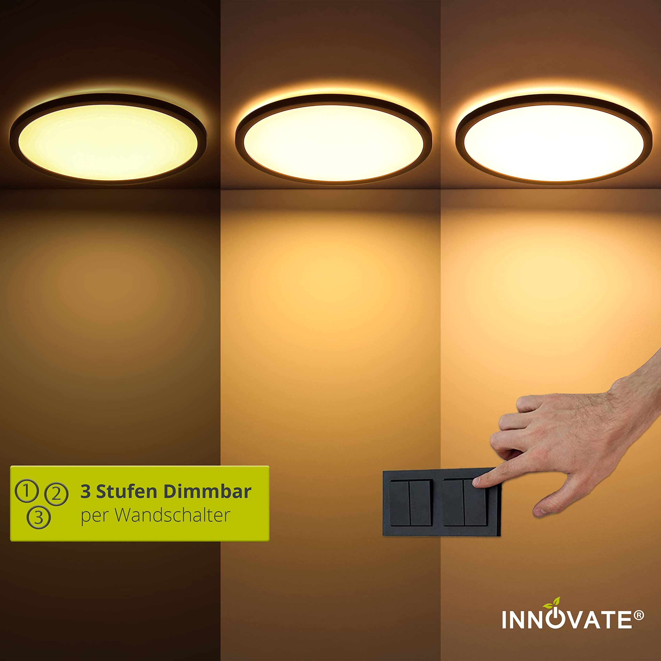 INNOVATE LED Deckenleuchte Dimmbar mit Hintergrundbeleuchtung | IP44 3-Dimmstufen Deckenlampe Flach | Panel für Badezimmer, Wohnzimmer, Schlafzimmer, Balkon, Küche | LED Lampe Schwarz, 24W Ø42cm