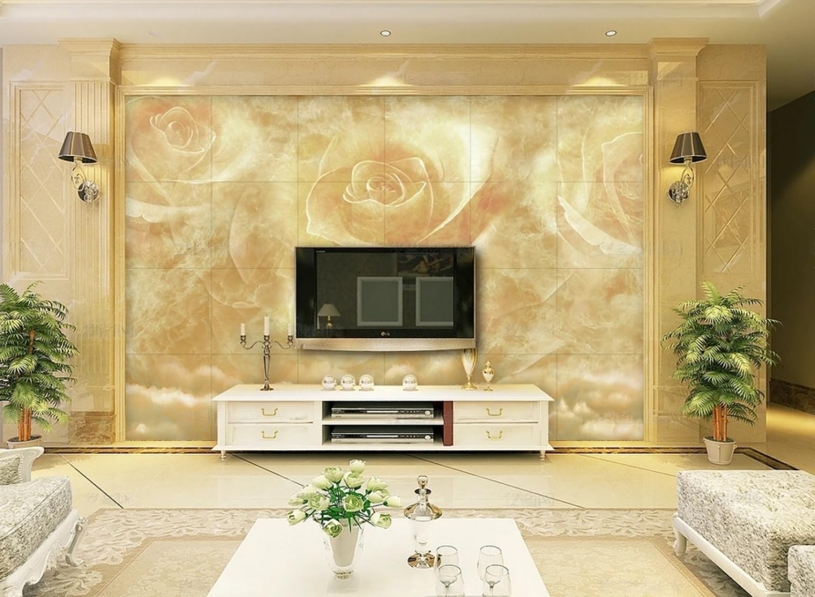 Carta da Parati Panoramica Intissato Rose Gialle,Marmo,Arte Wallpaper per Camera da Letto, Soggiorno 430x300cm
