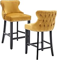 Vista 13 de Rhomtree Taburetes de bar tapizados de terciopelo modernos de 27 pulgadas con patas de madera, botón acolchonado, cabeza de clavo cromada, taburetes