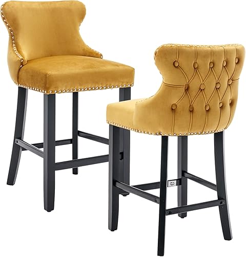 Miniatura 13 de Rhomtree Taburetes de bar tapizados de terciopelo modernos de 27 pulgadas con patas de madera, botón acolchonado, cabeza de clavo cromada, taburetes