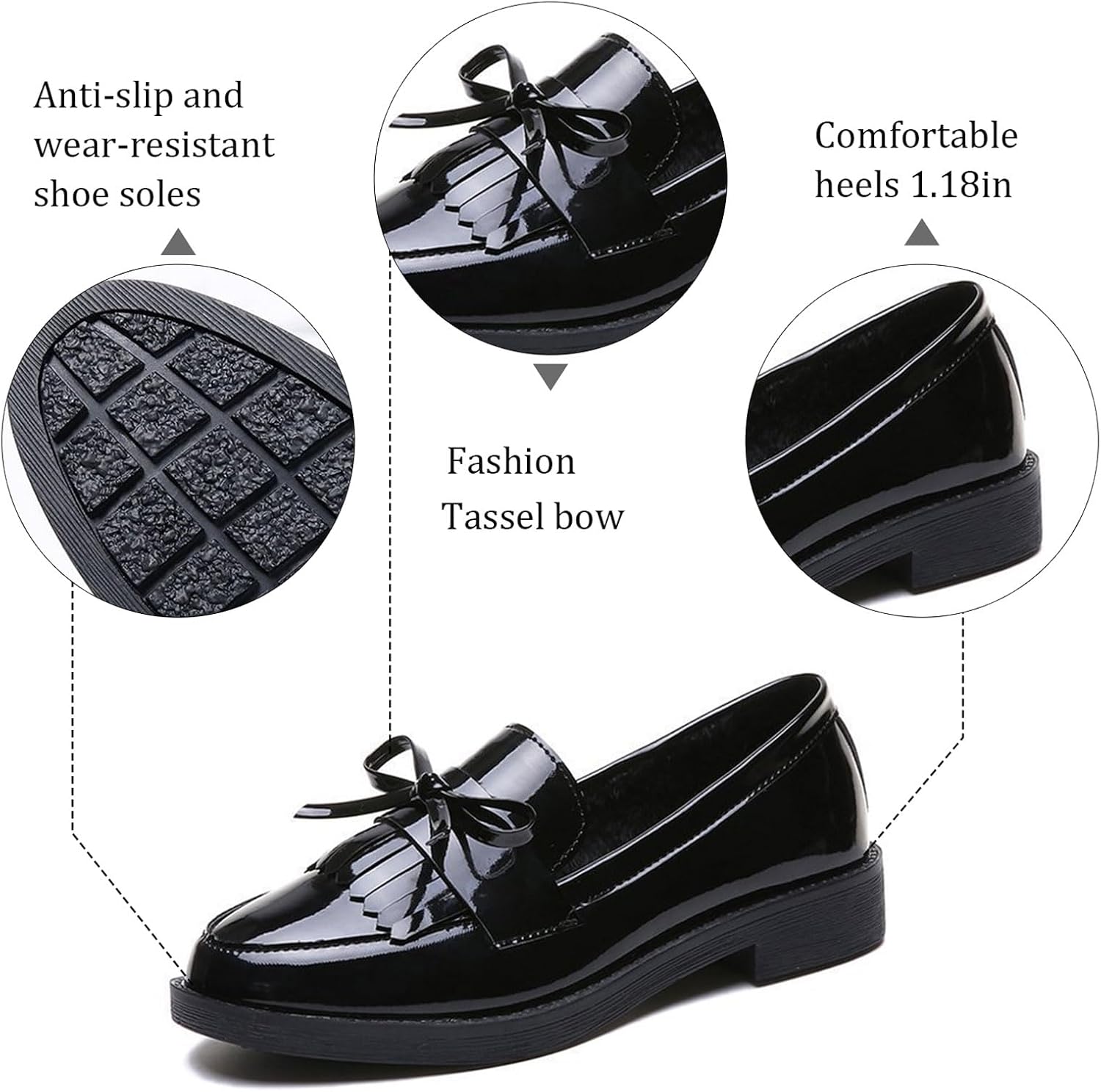 Tassel Loafers for Women's Patent Leather Low Chunky Heel Bow Dress Shoes Fashion Slip-On Block Heel Slip-On Uniform Office Office Shoes - Image 5