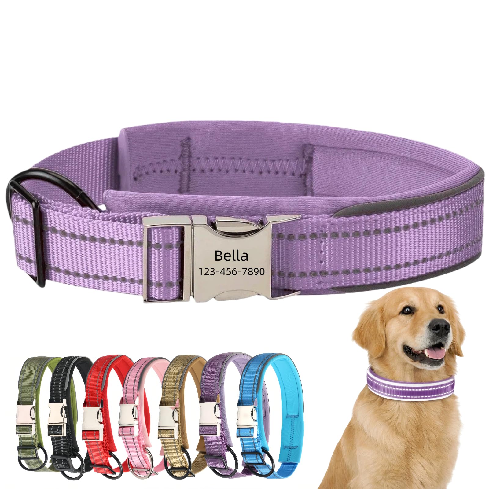 Personalised Dog Collar with Custom Engraved Name Plate Reflective Collar with Quick Release Metal Buckle Adjustable Waterproof Soft Padded Nylon for Medium Dogs (Purple, M)