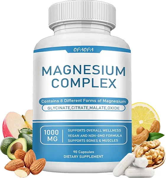 Magnesium Complex Supplement 8 Elemental 1000mg - Magnesium Glycinate, Citrate, Malate, Oxide | Easy Absorption for Bones, Muscle, Energy, Vegan, Non-GMO 90 Capsules (1pc)