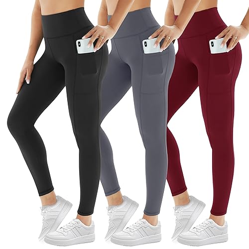AMIYOYO 3 Pack Leggings for Women with Pockets High Waist Gym Leggings Black Tummy Control Stretchy Yoga Pants Trousers Workout Sports Fitness Running
