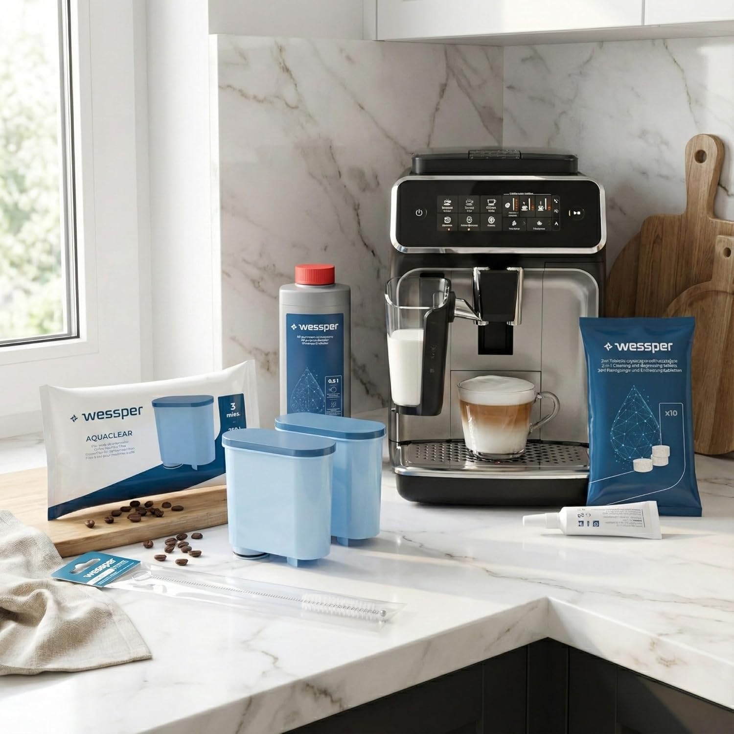 Wessper Kit de Mantenimiento para Philips & Saeco – 2x Filtros Compatibles con AquaClean CA6903, Descalcificador 500ml, 10x Pastillas, Grasa & Cepillo – Limpieza Cafetera Automática & Espresso