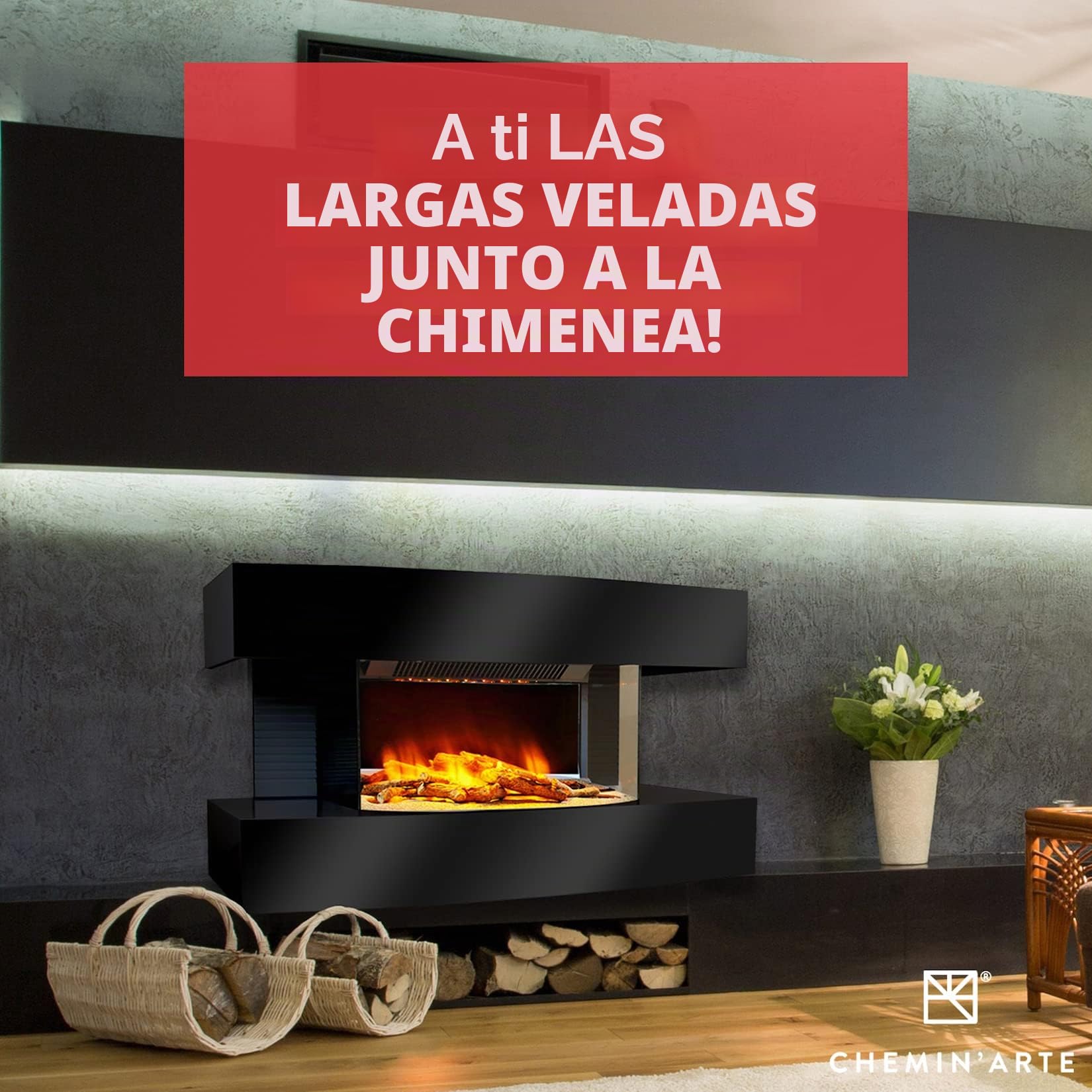 CHEMIN'ARTE Chimenea eléctrica de Pared con calefacción Lounge 3XL 150cm Blanca, Efecto de Llama Leds- Chimenea Decorativa bajo Consumo - Mando a Distancia