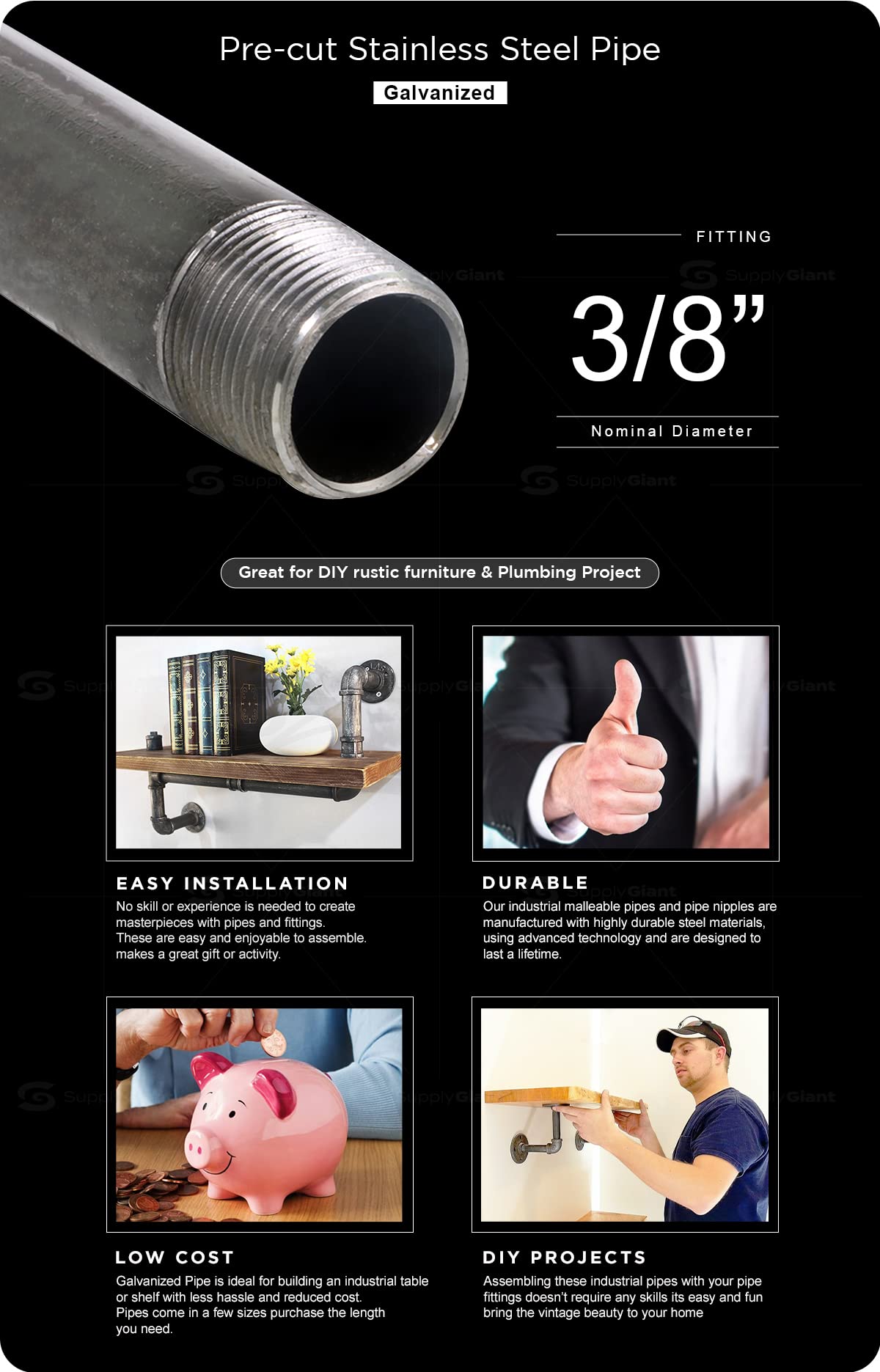 Everflow Supplies PCGL3830 - Tubo lungo in acciaio zincato pre-tagliato, diametro nominale 3/8"