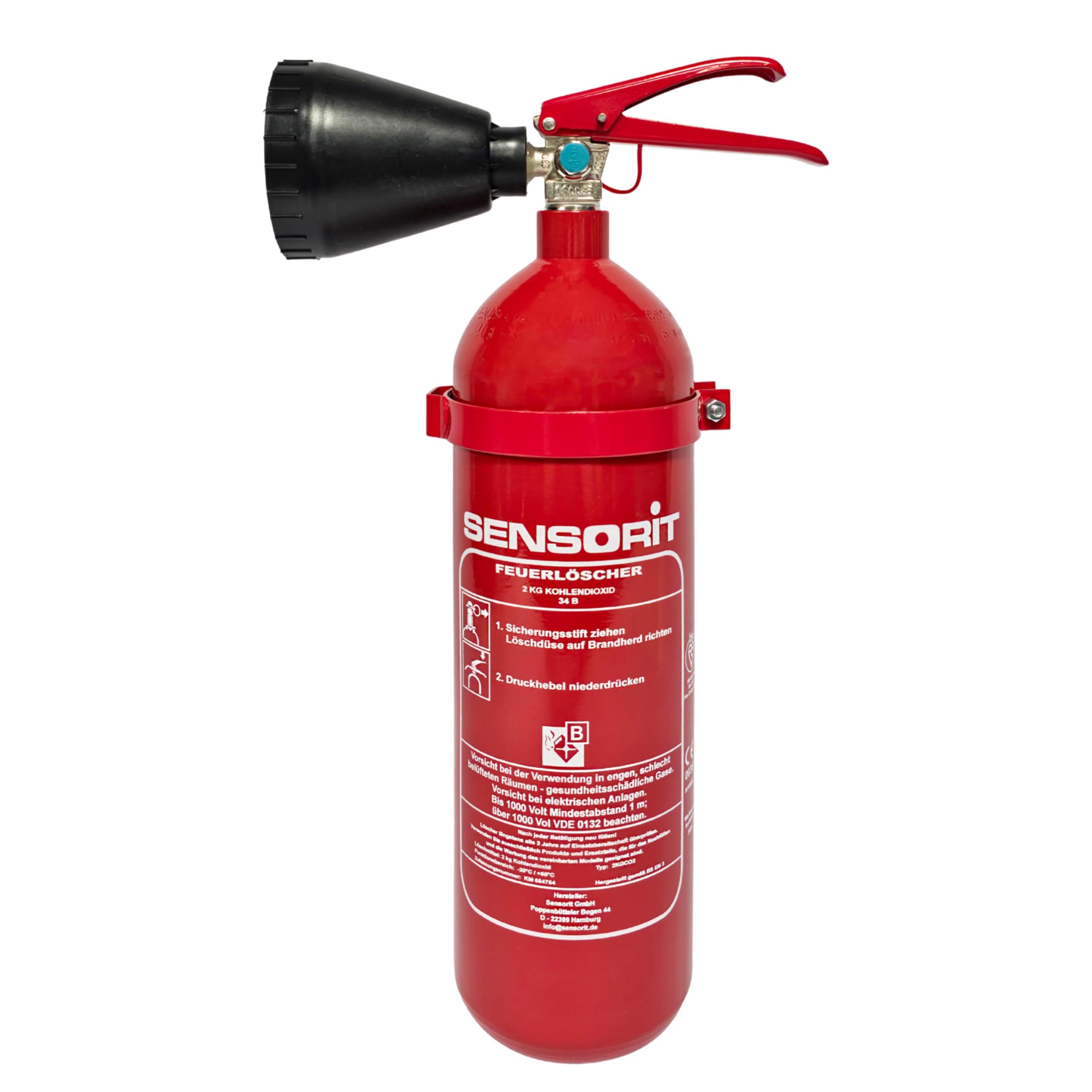 CO2 Feuerlöscher, 2kg Kohlendioxid, Löscher für elektrische Anlagen & EDV nach DIN EN 3 inkl. Instandhaltungsschild und Wandhalter