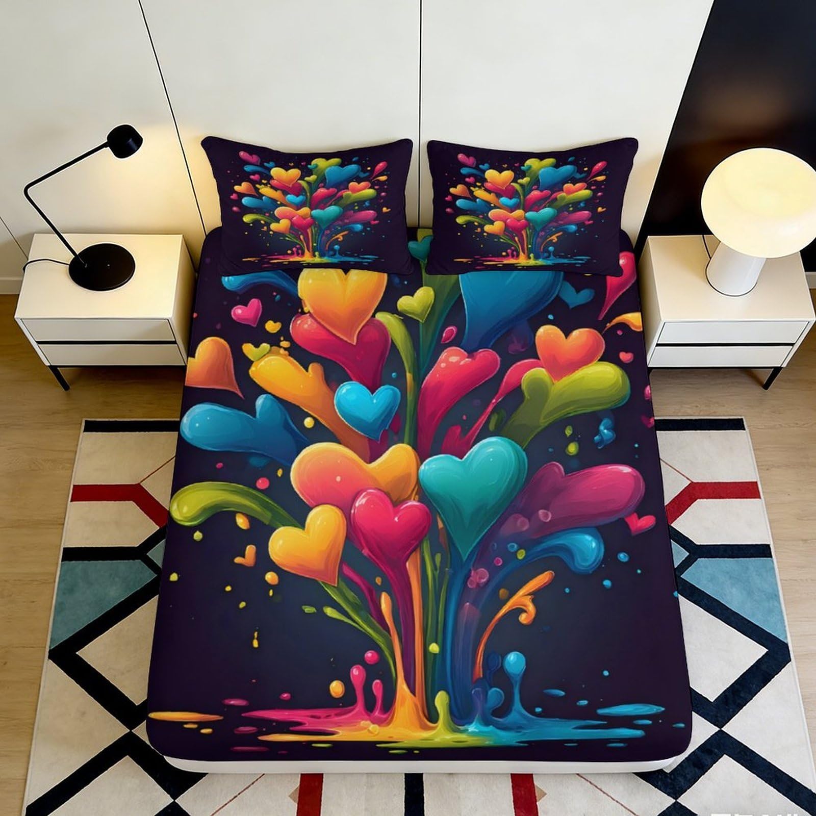 Pnayamiorkfel Style-3 3D Printed Colorful Heart Splash Fitted Sheet Microfiber Vibrant Art Bed Sheet For Bedroom Guest Room Decor 90X200x25cm