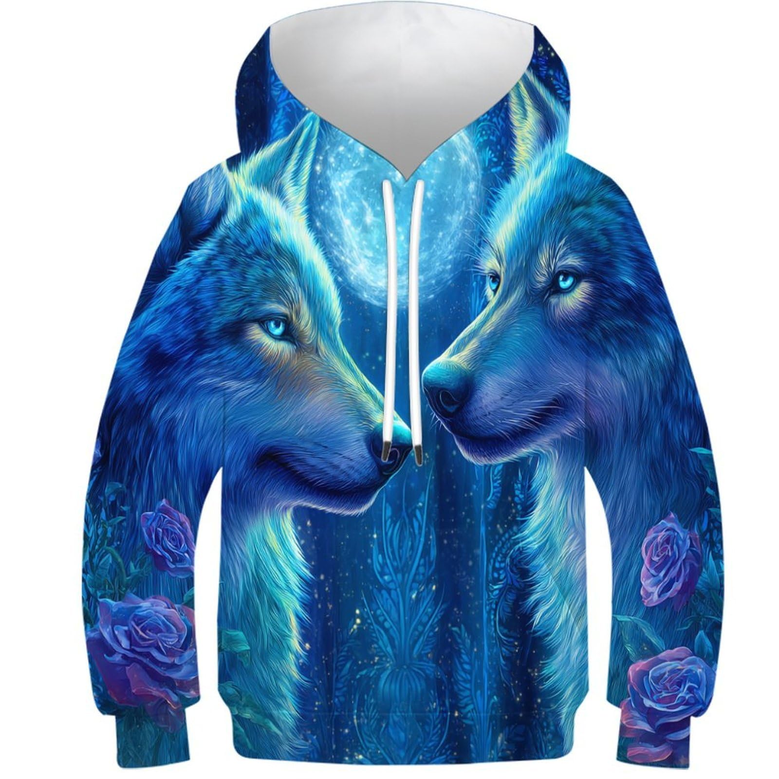 OPCALIS 3D Printed Kids Sweatshirts Wolf Hoodie Jumper Long Sleeve Animals Casual Unisex Novelty Pullover with Big Pocket 10-12Y