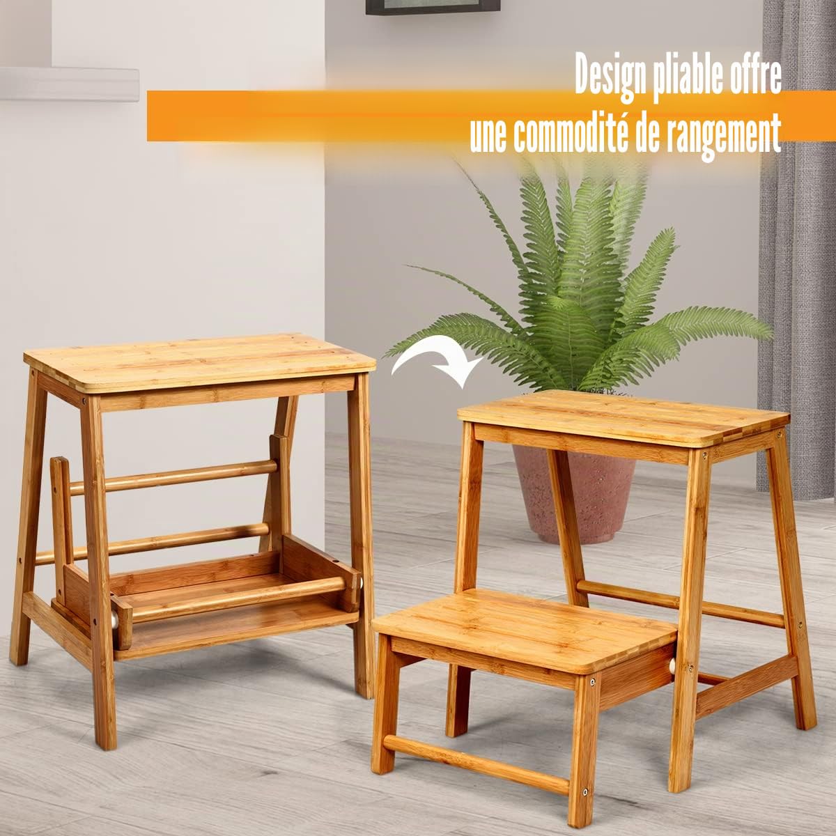 GIANTEX Marchepied Pliable à 2 Marches, Escabeau Tabouret en en Bambou, Charge Maximale 100 kg, Peu Encombrant, Multifonctionnel, pour Cuisine Chambre Salons