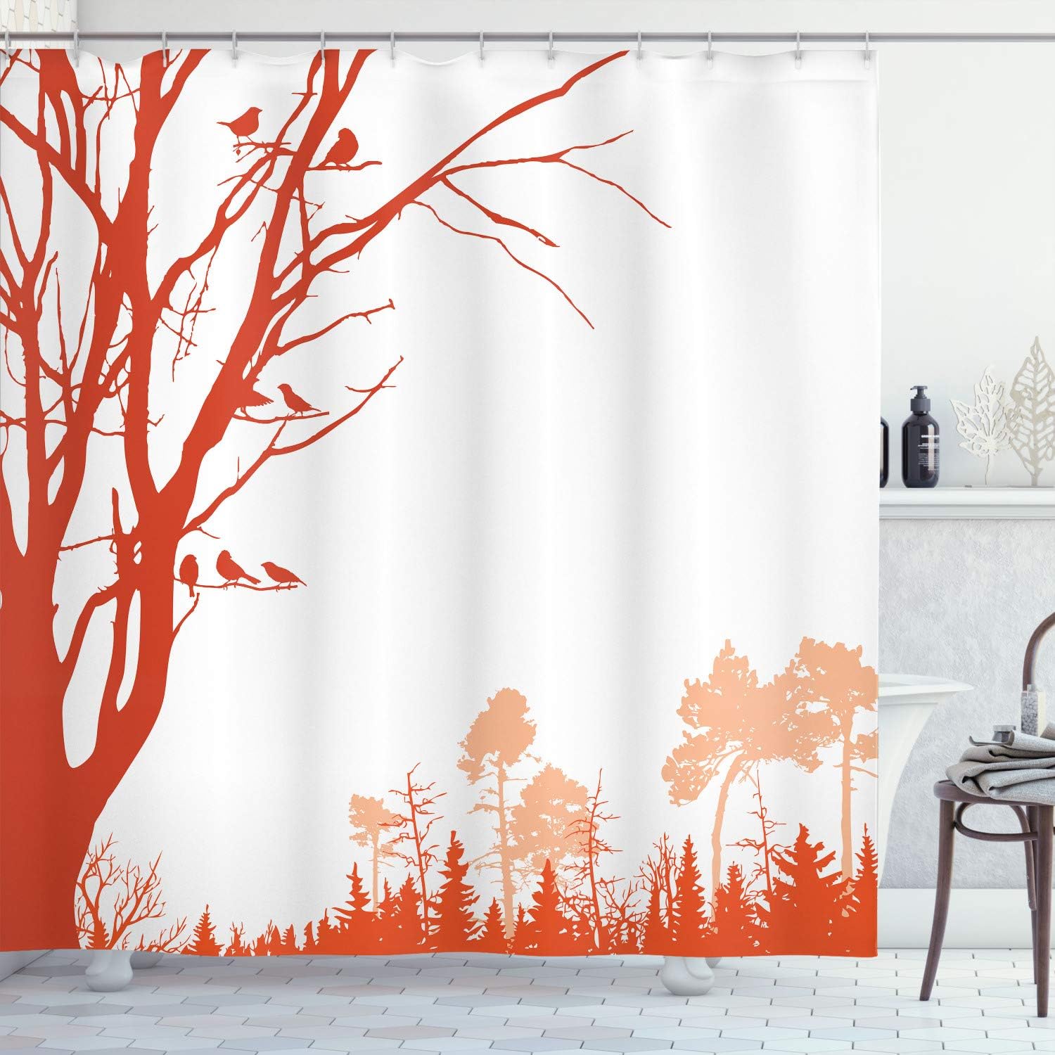 Ambesonne Forest Shower Curtain, Nature Theme The Panorama of a Forest Pattern Birds on Tree Branches Print, Cloth Fabric Bathroom Decor Set with Hooks, 70" Long, Dark Purple