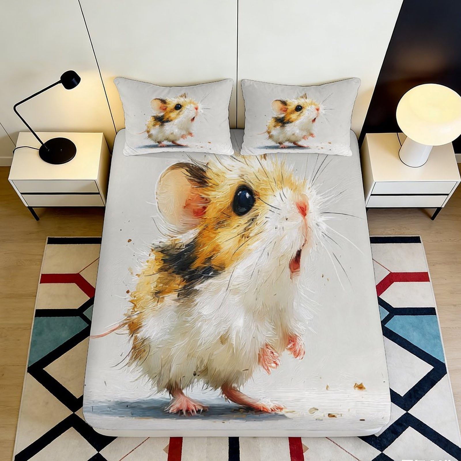 3D Printed Cute Hamster Fitted Sheet Microfiber Soft Anti-Slip Cartoon Animal Mattress Cover Bedroom Decor 90x200x25cm