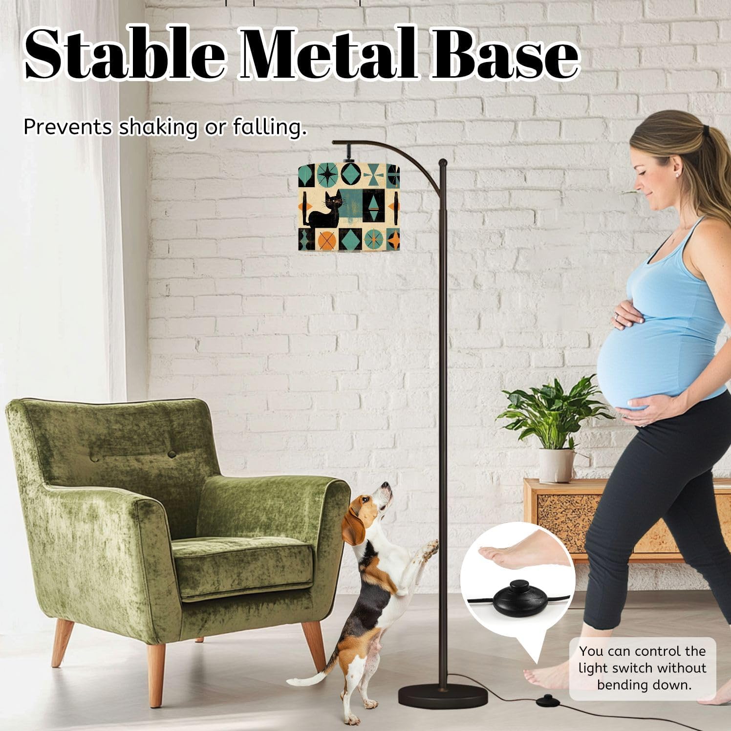 Arc Floor Lamp Mid Century Style Black Cat Modern Abstract Geometric Vintage Colorful Dimmable Modern Standing Lamp with Remote Adjustable Drum Shade Footswitch Tall Pole Lamp for Living Room Bedroom
