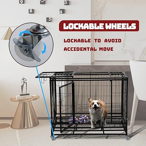 Miniatura 4 de HCY Jaula para perros grande de 48 pulgadas, resistente, plegable, con ruedas con bloqueo, puertas dobles, bandeja de plástico para mascotas