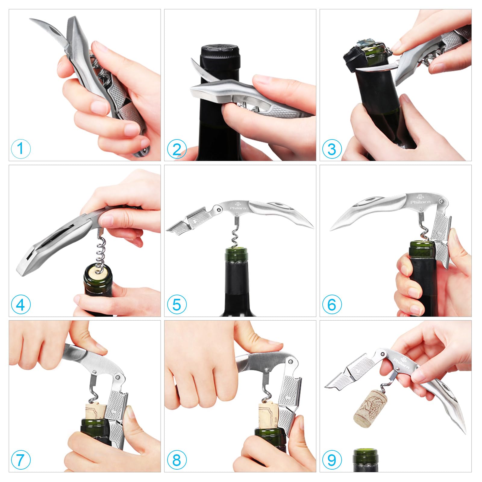 Philorn Waiters Friend Corkscrew 3-in-1 Wine Opener with Foil Cutter and Cap Remover Professional Stainless Steel Cap Remover for Sommeliers Waiters and Bartenders (Stanless Steel Handles) - Image 4