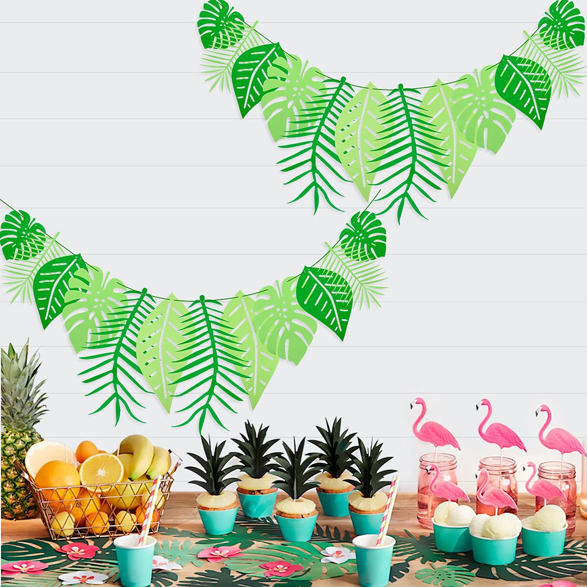 Tropical Palm Leaf Banner - 2-Pack Glittery Hawaiian Luau Party Decorations