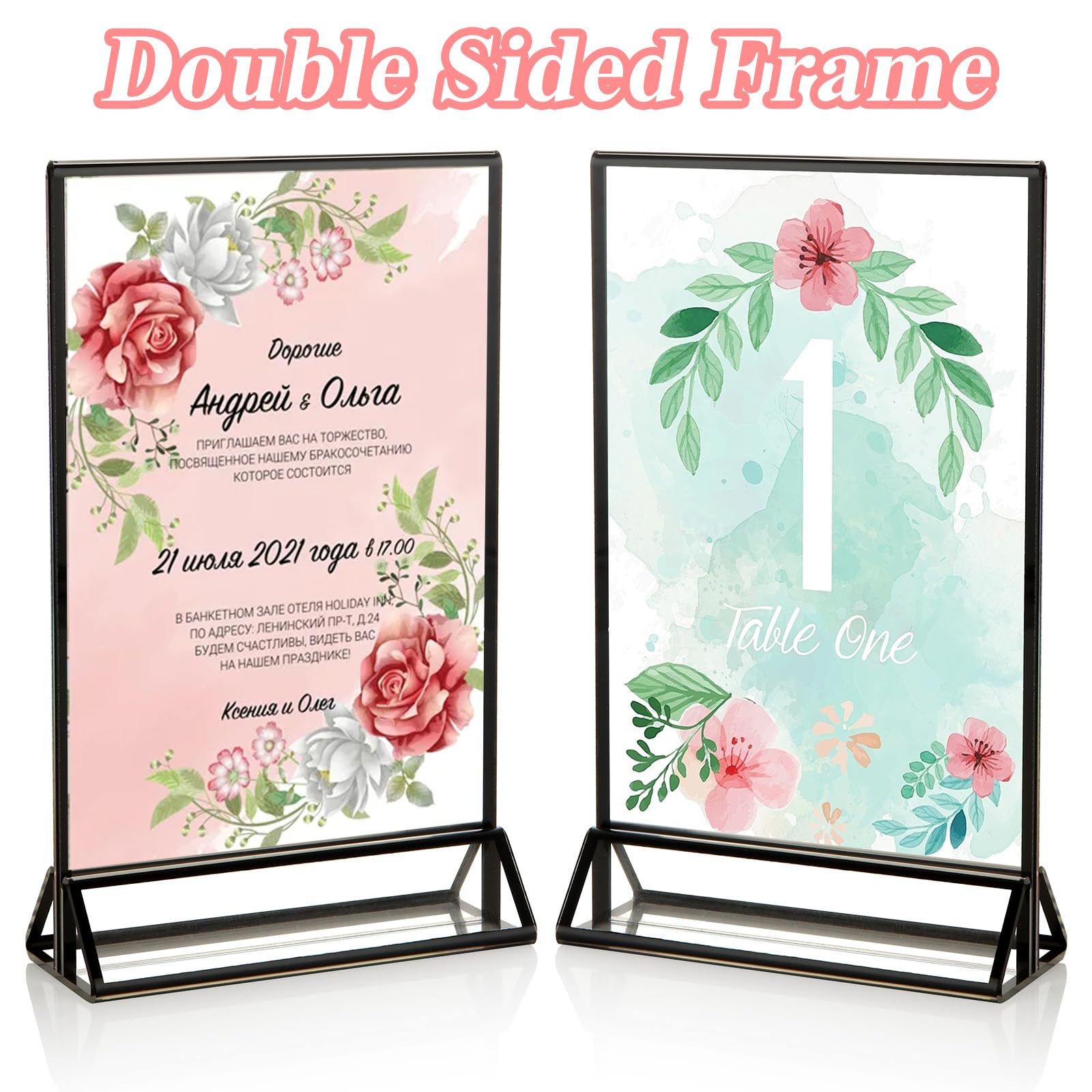 8 supporti per cartelli in acrilico double-face, 10 x 15 cm, cornici nere trasparenti, segnaposto con bordo argentato, per ricevimenti di nozze, centrotavola, decorazione, feste