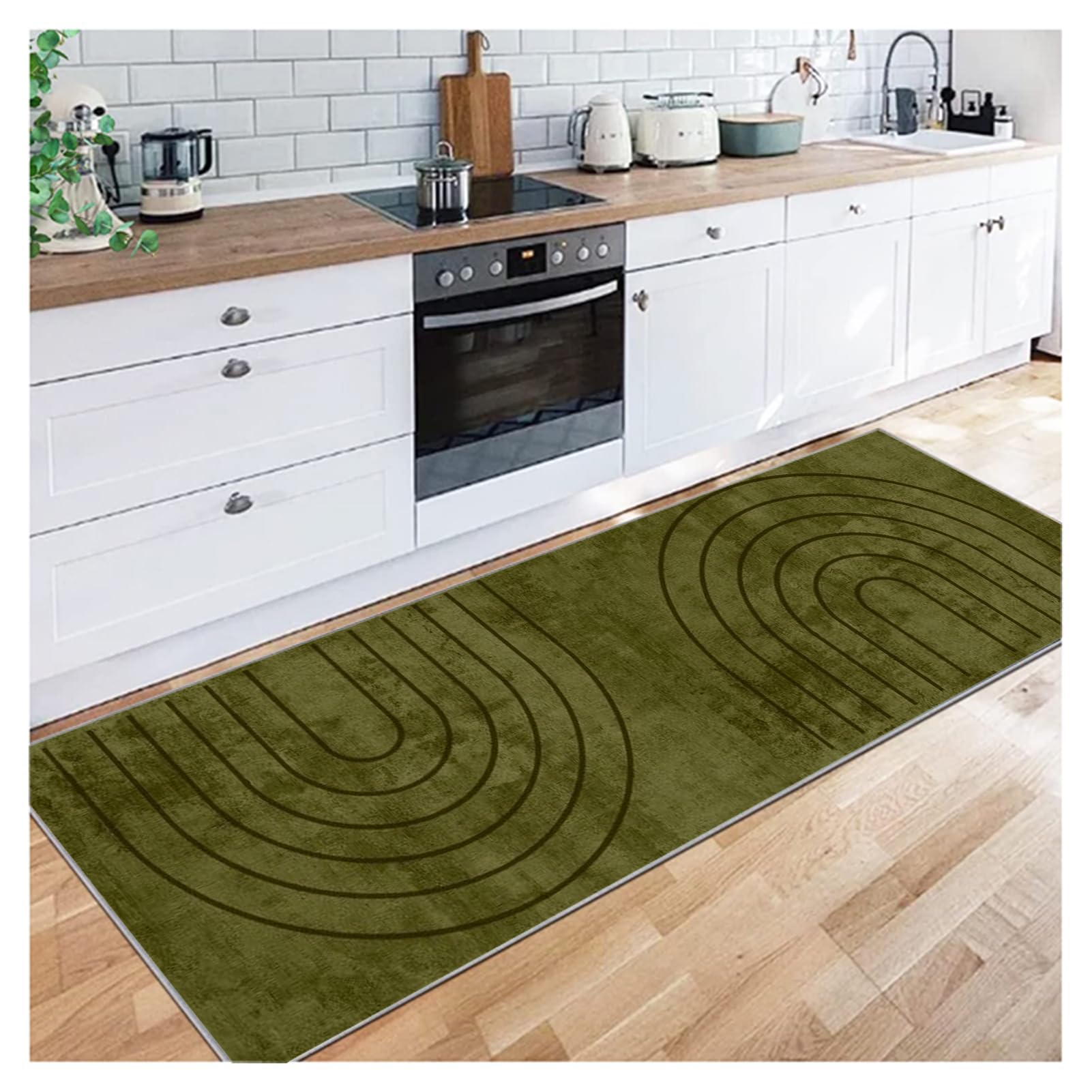 Siunwdiy Retro Green Runner Rug for Hallway 120x330cm, Moroccan Carpet Non-Slip Bedroom Floor, Modern Design for Corridor/Kitchen/Stairs, Vintage Washable and Durable Rug