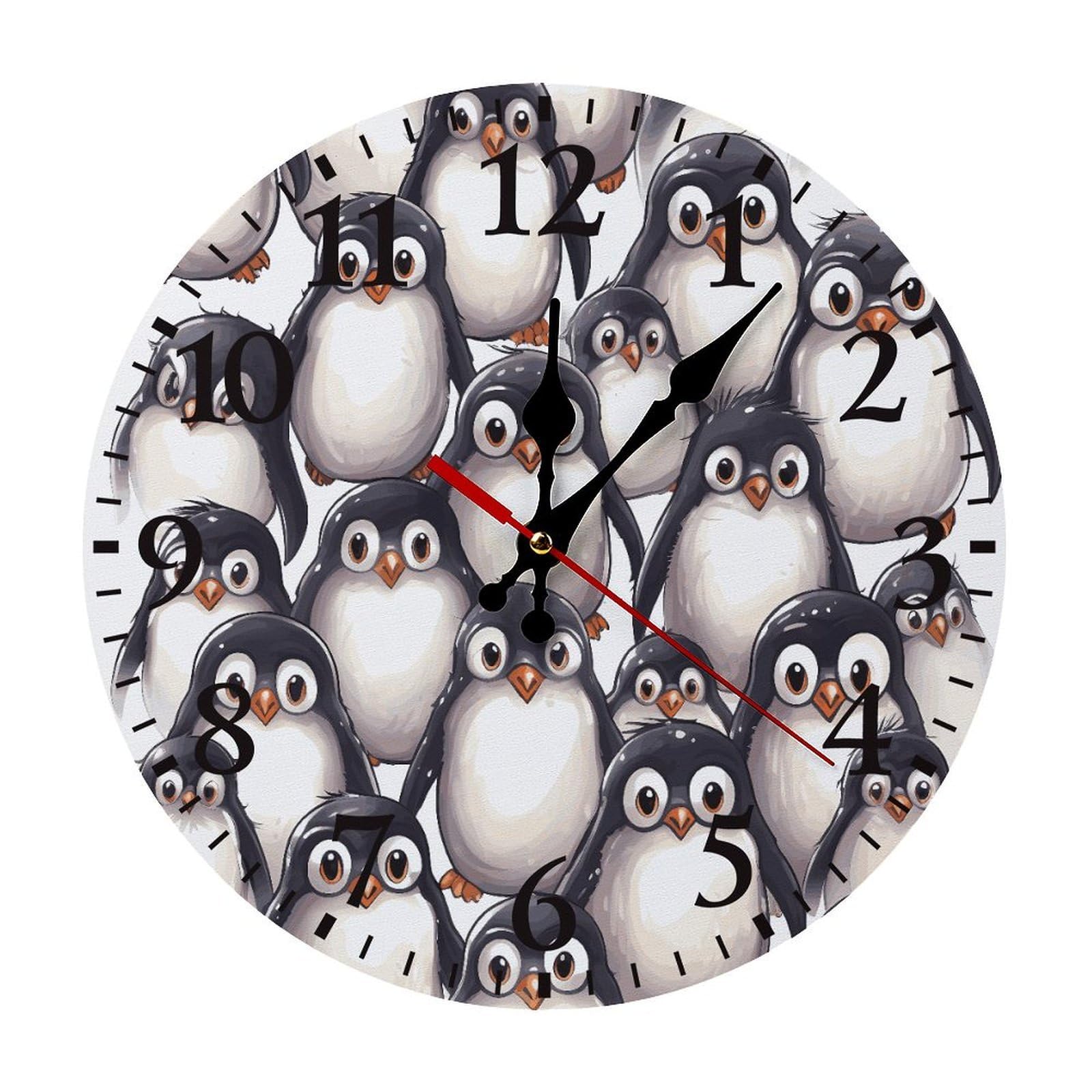 NTVOWPZO 10 Inch Wall Clock Cute Baby Penguins Sketch Battery Operated Wall Clocks Silent Non-Ticking Round Wall Clock for Living Room Kitchen Home Office Wall Decorative Clock