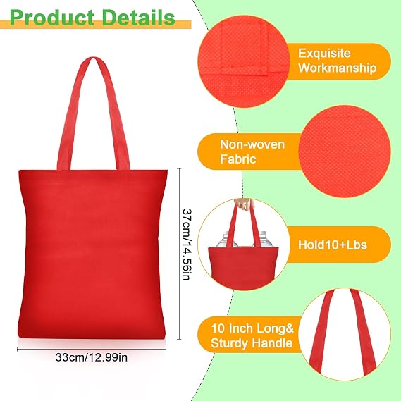50 Pack Reusable Non woven Tote Bags, Shopping Bags with Handles Party Favor Gift Bags Grocery Pouch for Birthday Party Home Travel, 33 x 37cm (10 Colors)