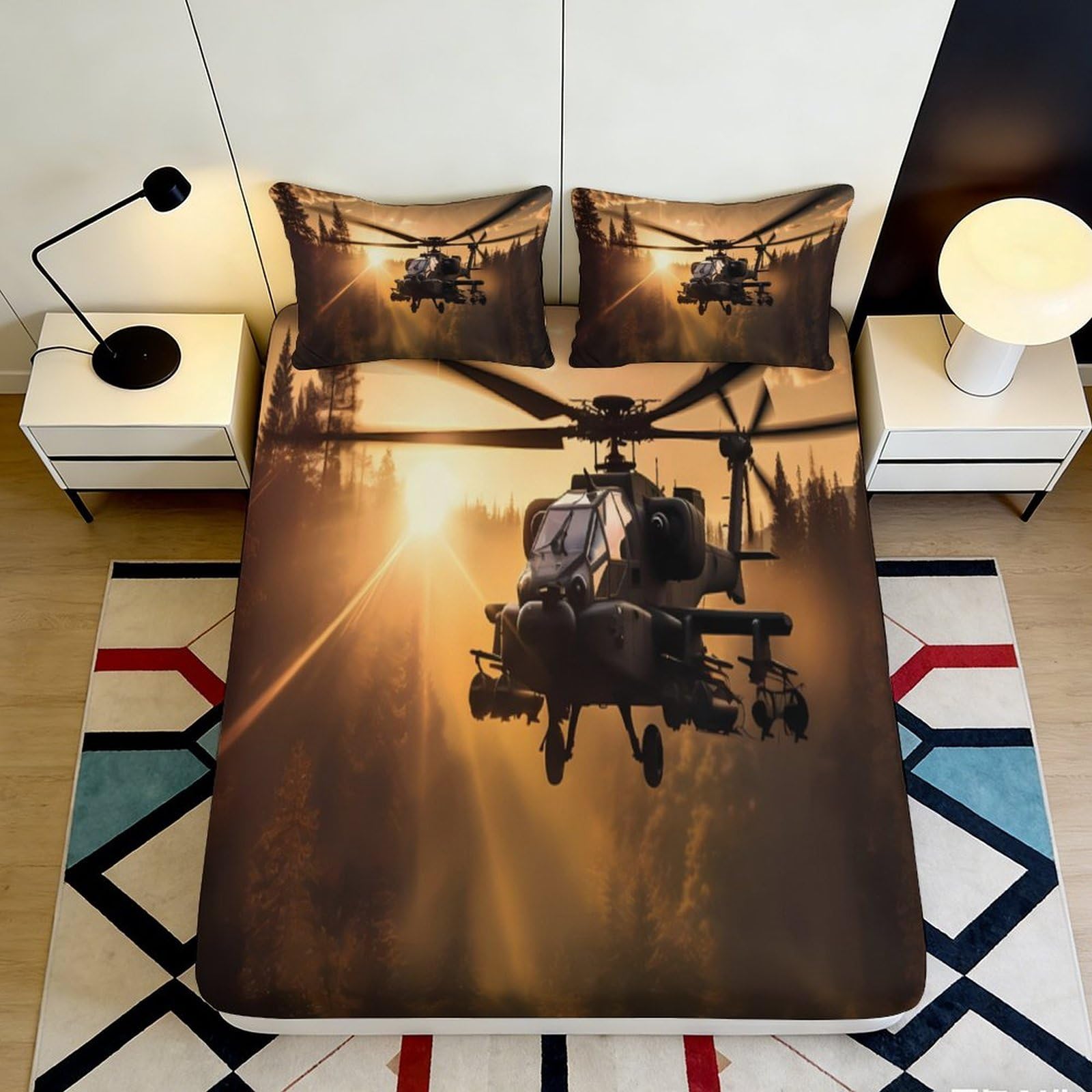 Pnayamiorkfel Style-8 3D Printed Sunrise Helicopter Fitted Sheet Microfiber Soft Anti-Slip Bed Cover For Bedroom Dorm Mattress Decor 90X200x25cm