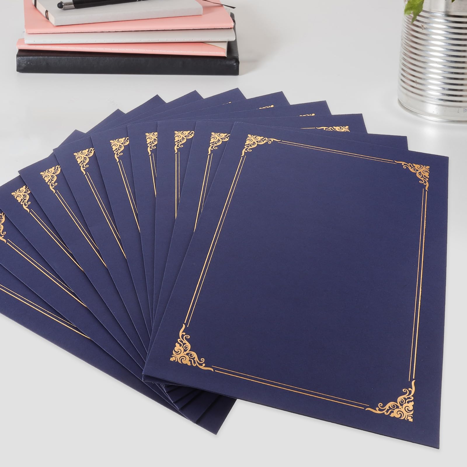 10 fundas para Certificados de Papel Azul Borde de Lámina Dorada Porta Documentos para Diplomas y Premios Protector Oficina y Es Paquete de 10 Piezas