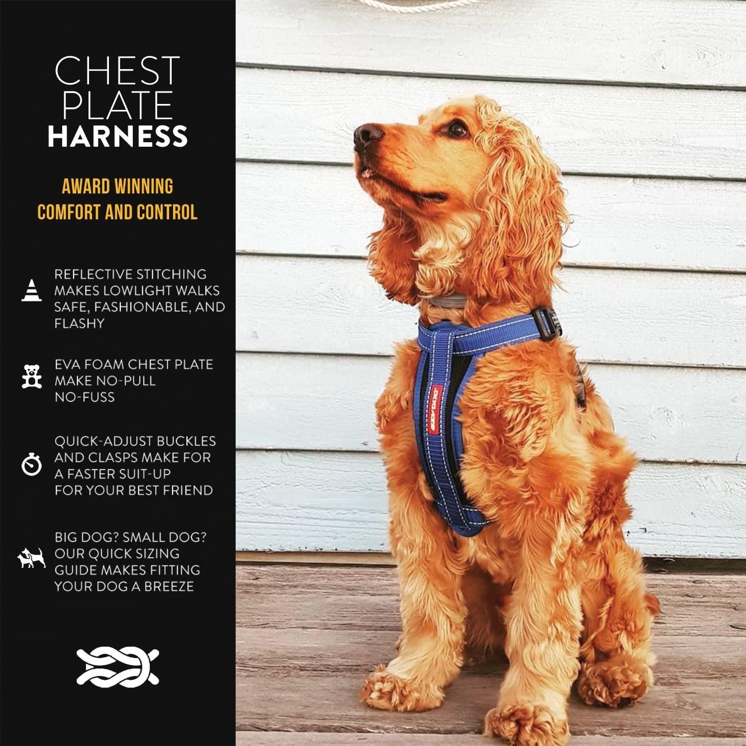 EzyDog Chest Plate No Pull Dog Harness – Escape Proof Harness with Reflective Stitching and Comfort Padding for Easy Walks, Training & Control - Car Restraint Included (X-Small, Denim)