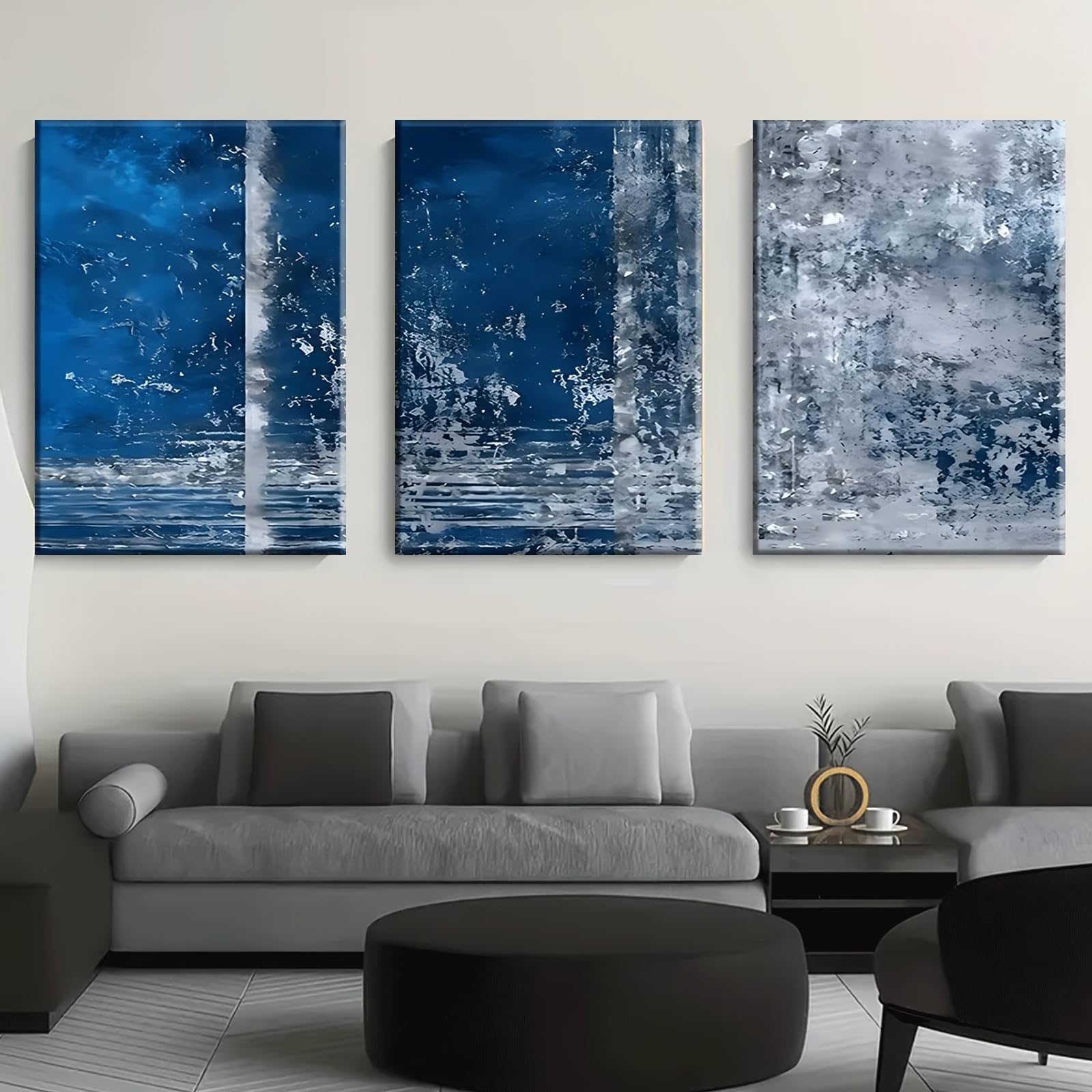 IXEHOH Leinwandbilder Wandbilder Wohnzimmer 3 Teilig Modern Blau Abstrakt Wanddeko Navy Grau Kunstdrucke Wandkunst Vertikale Wandbilder für Wohnzimmer Büro Schlafzimmer 70x100cmx3