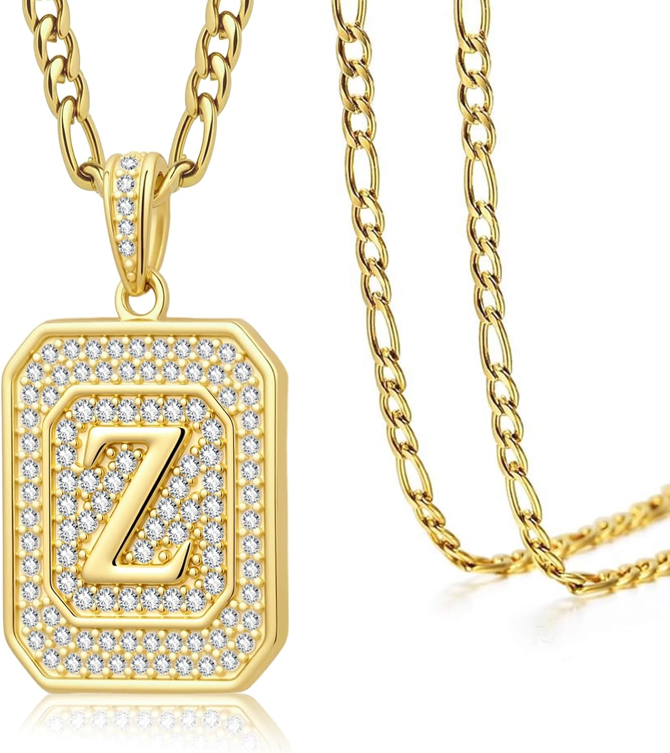 Initial Letter Necklace for Men Women 14k Gold Plated Letter Z Monogram Alphabet Pendant Necklace Square Initial Jewelry with Figaro Chain Valentines Day Birthday Gifts for Him Her