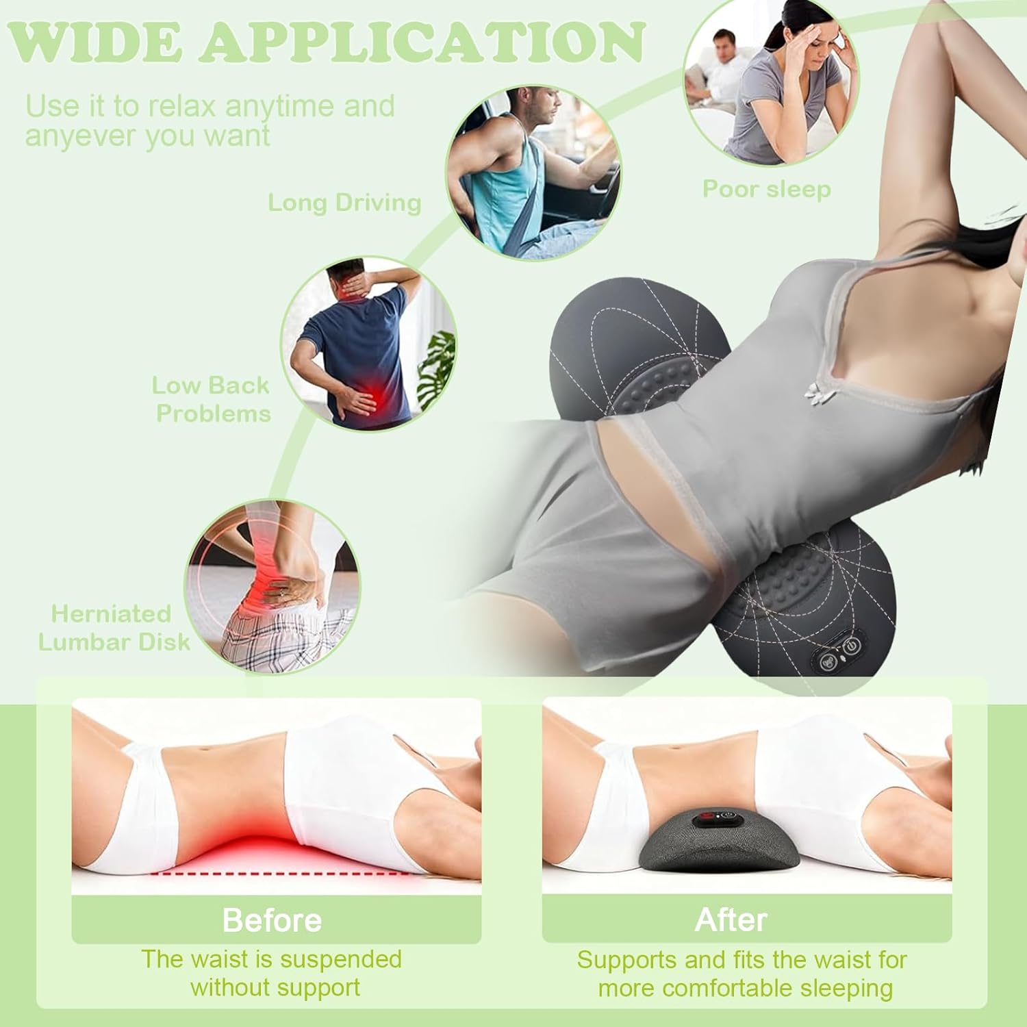 3 in 1 Back Massage Lumbar Pillow, Heated Lumbar Support Pillow for Sleeping, Back Pillow for Car Seat, Office Chair, Recliner and Bed, Relieves Lower Back Pain and Enhances Posture(Gray)