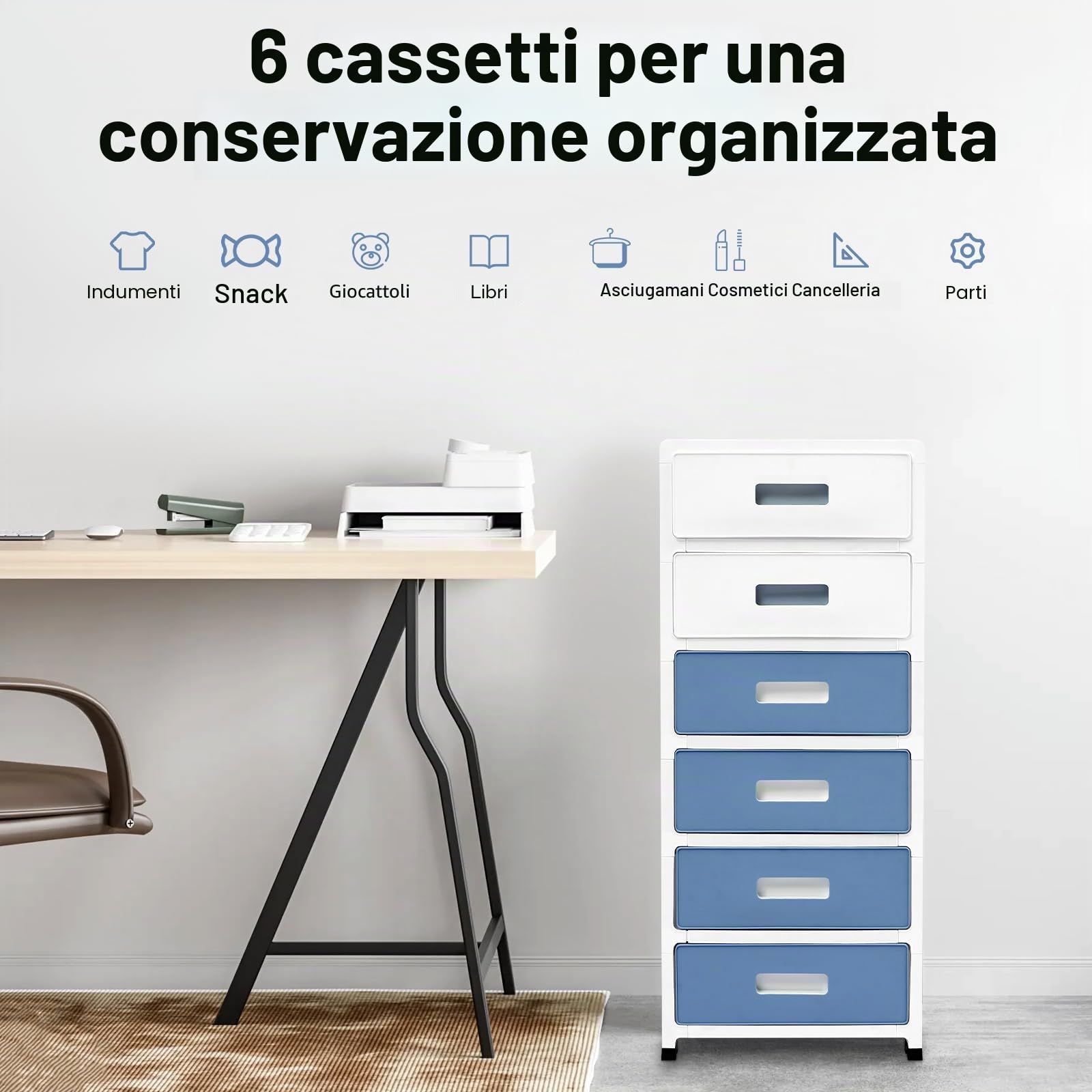 Cassetti in plastica, carrello con 6 cassetti 35 * 26 * 83,5 cm, armadio con cassetti, torre portaoggetti, organizer per cassetti, armadio, guardaroba per bambini