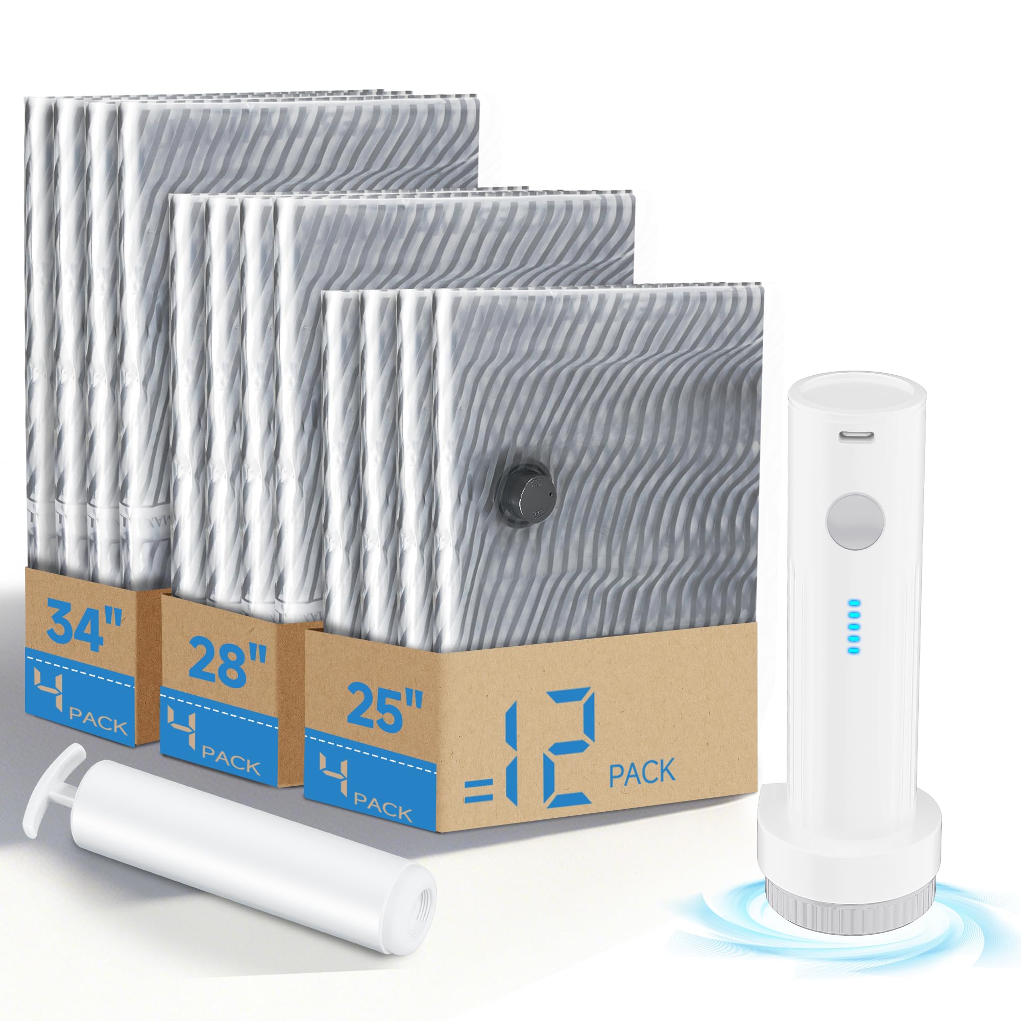 12 Pack Vacuum Seal Bags for Clothing with Electric Air Pump, Compression Space Saver, Vacuum Storage Bags for Luggage, Travel, Blankets, Pillows, Bedding and Moving, Hand Pump Included