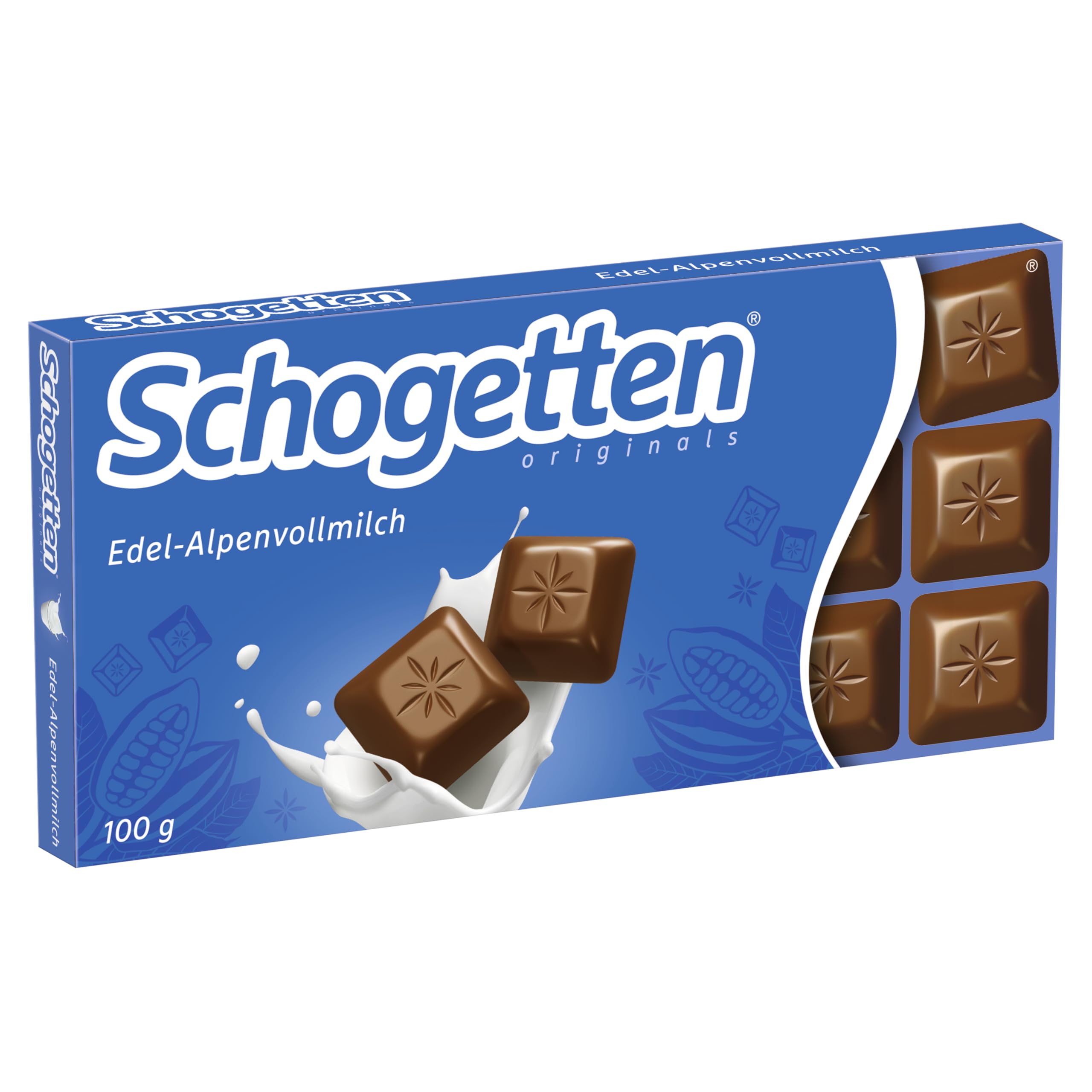 Schogetten Edel-Alpenvollmilch 100g Schokoladentafel, praktisch einzeln portioniert. Ein Genuss. Stück für Stück.