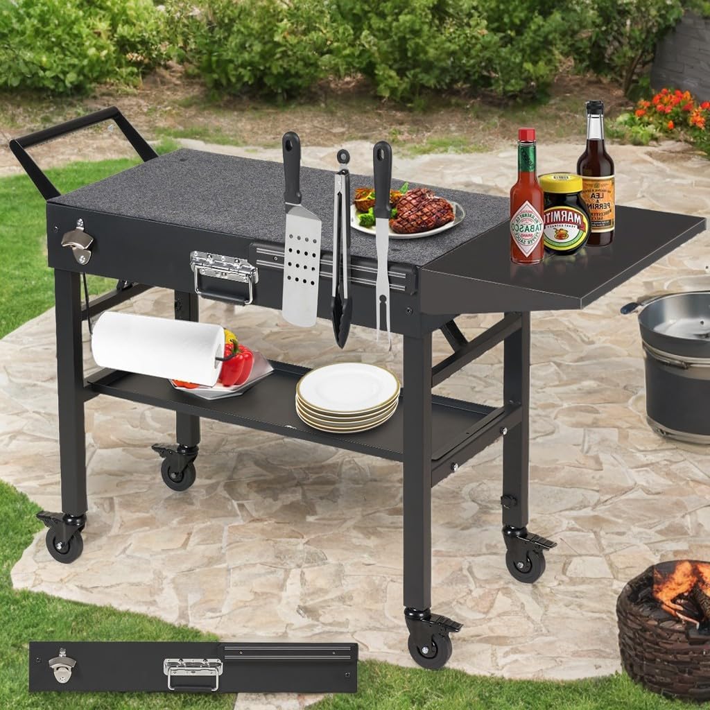 Grill Table & Cart for Blackstone Griddle, Portable Foldable Outdoor Griddle Stand with Wheels & Caddy, Fit 17 inch and 22 inch Tabletop Grill, BBQ Prep Table with Seasoning Tray for Camping