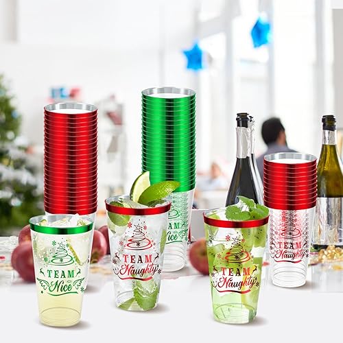 Miniatura 7 de BYMIOYA 30 tazas de 16 onzas para fiesta de Navidad, vasos de plástico de gran capacidad, con borde rojo y verde, vasos transparentes desechables de