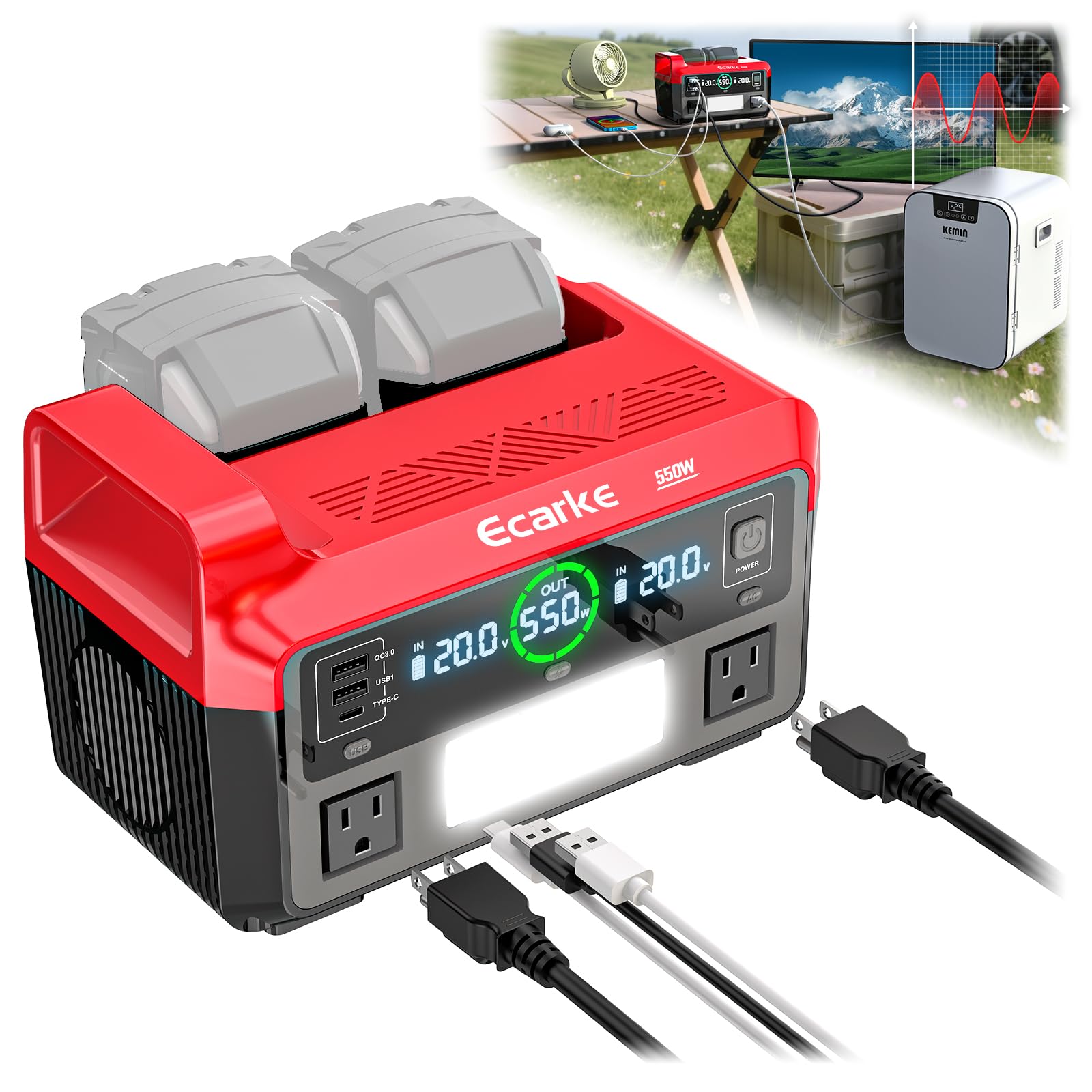 Photo 1 of Ecarke 550W Portable Power Inverter Compatible with DeWALT 20V Battery, DC 18V to AC 110V Pure Sine Wave Power Station 2 AC Outlets, 2 USB-A&1 USB-C 20W, 600LM LED Outdoor Emergency Use (No Battery)