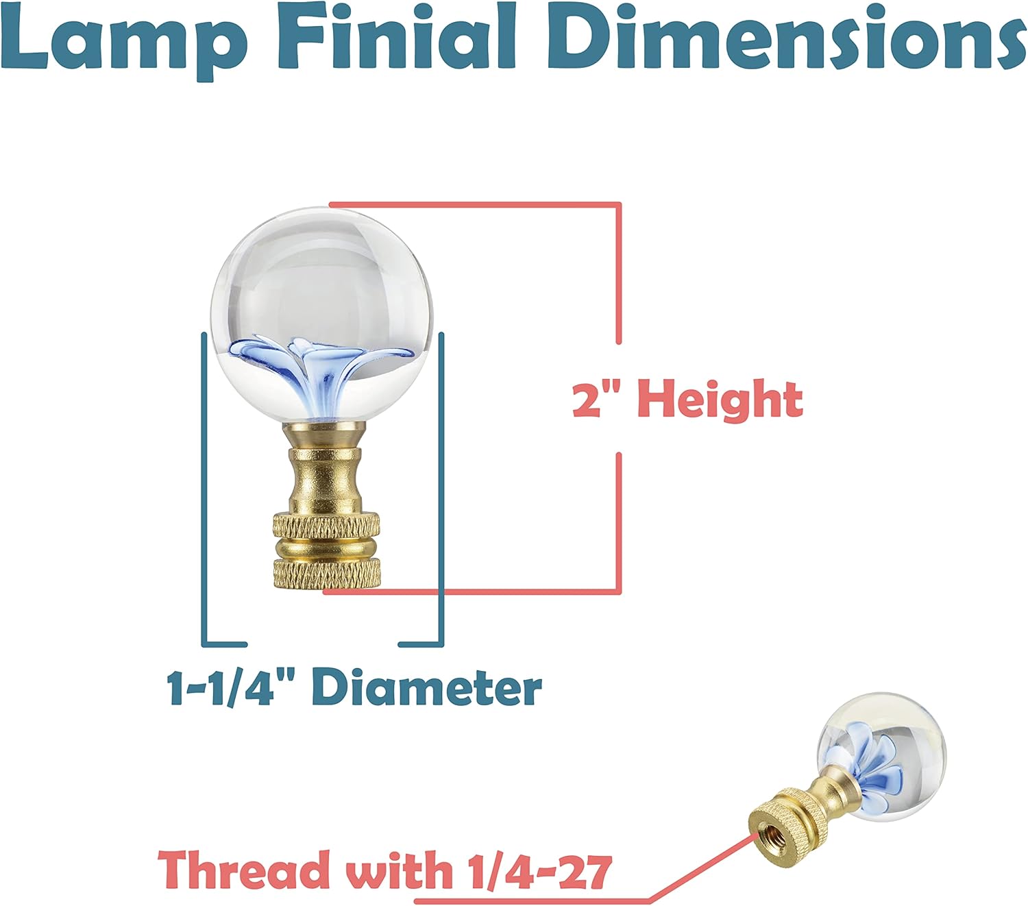 Aspen Creative 24035-42, Sphyer Finial for Lamp Shade, Blue Flower Inside Clear Glass in Brass Finish, 2" Height, 2 Pack