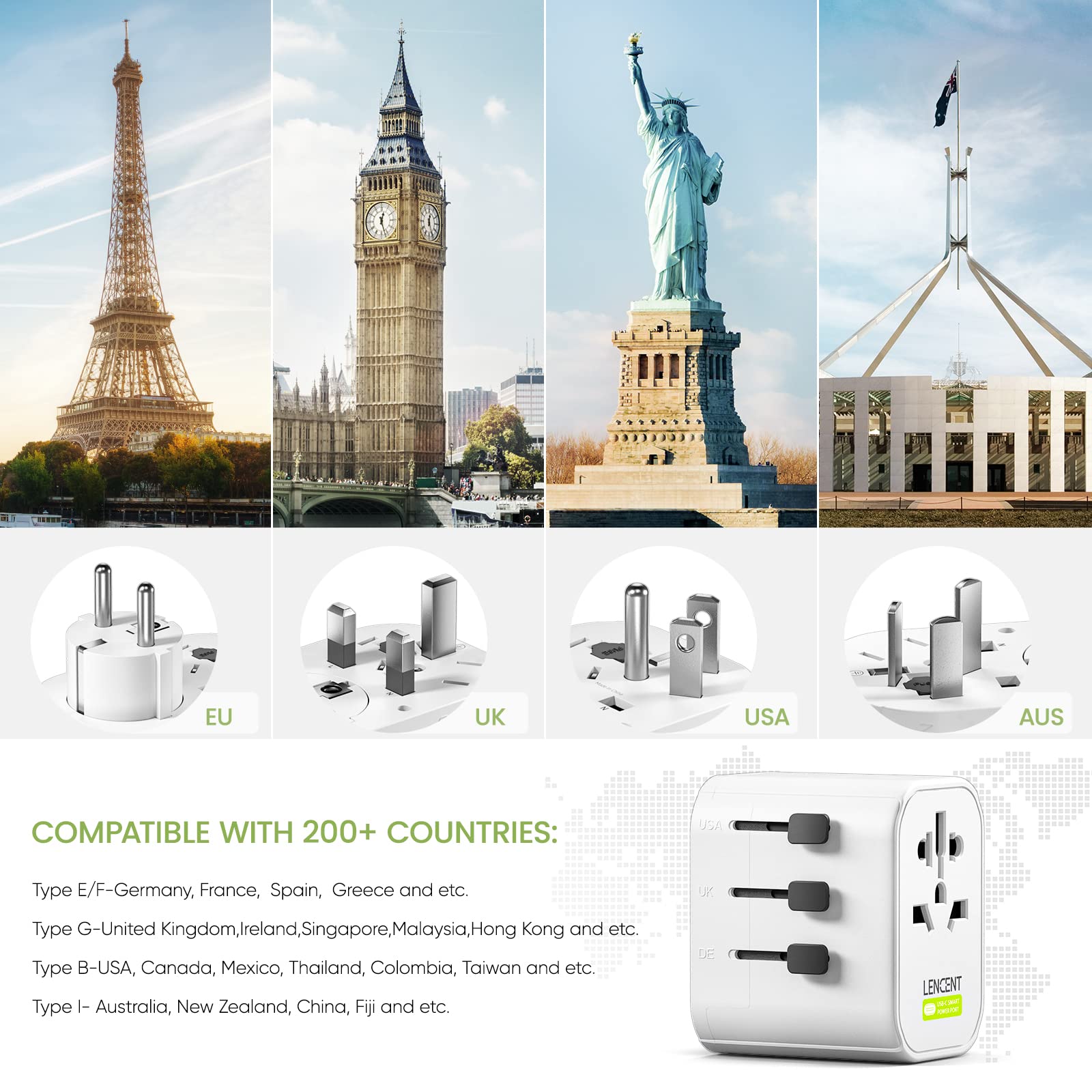 Adaptateur Voyage USA 6-en-1 - 2 USB-C + 2 USB-A + 2 Prises - Type B Pour Canada, Mexique, Thaïlande…