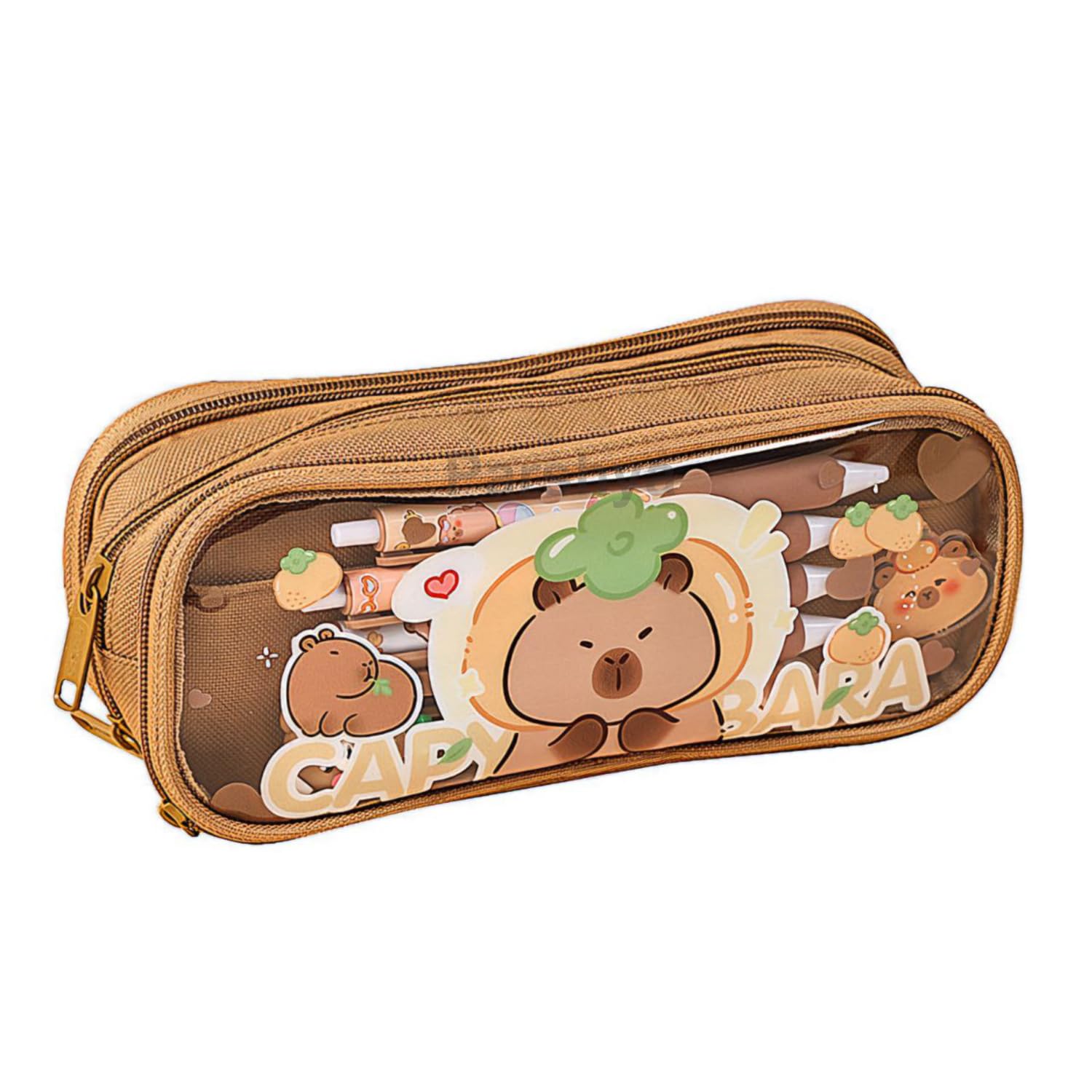 Parshya Canvas Large Capacity Transparent Cute Cartoon Print Pencil Case 3 Compartment Aesthetic Pencil Case for Girls Multifunctional Stationery Organizer for School Office (Brown Capibara)