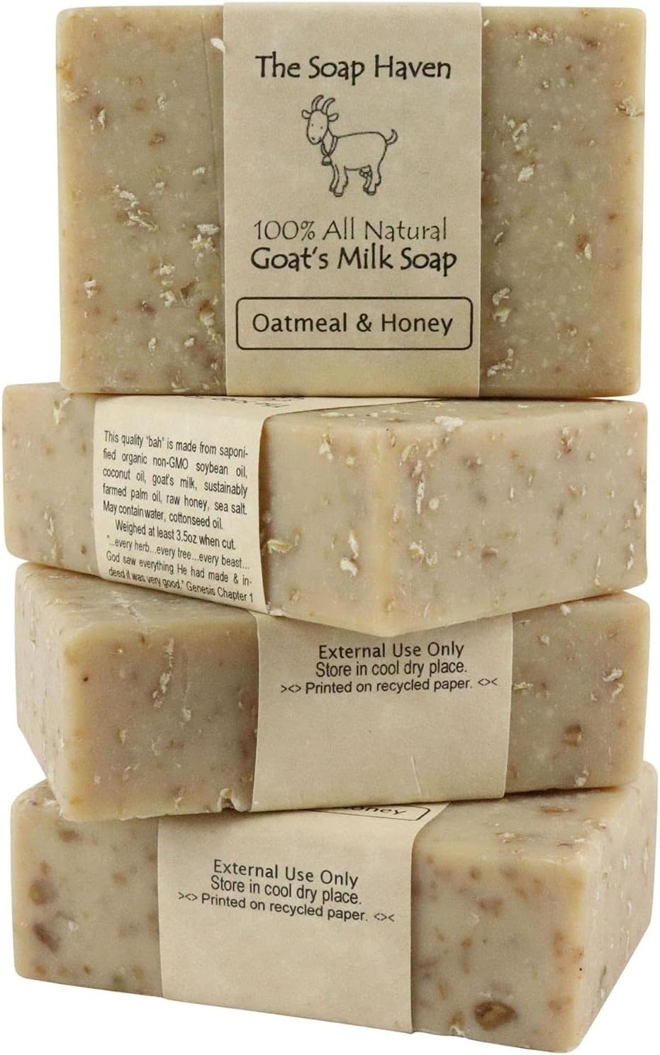 Oatmeal Soap - 4 Oatmeal & Honey Goat Milk Soap Bars, Handmade in USA, All Natural, Unscented, SLS Free, No Parabens
