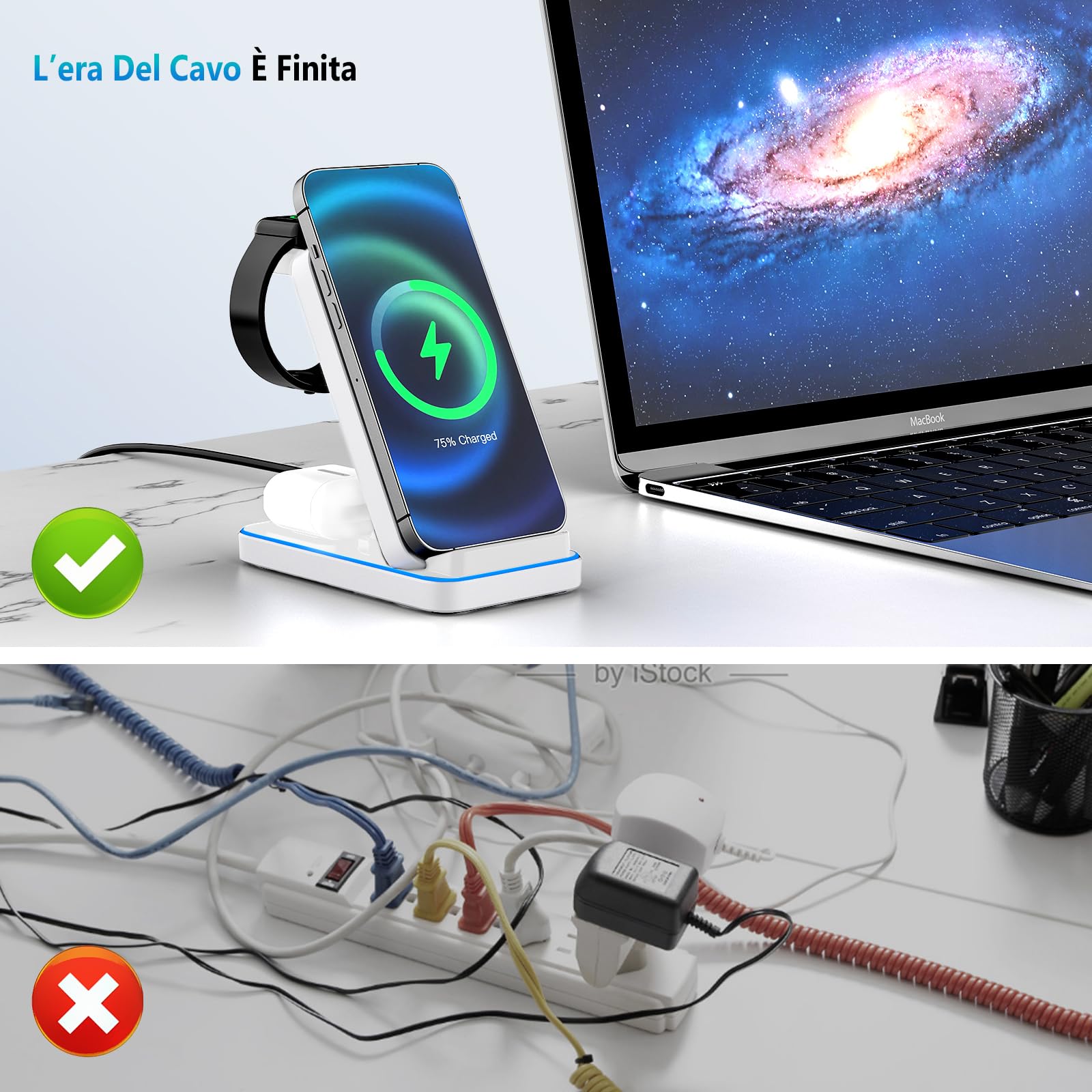 Stazione di Ricarica Wireless 3 in 1, Caricatore Pieghevole Wireless con Adattatore, Stand di Ricarica Multipla 15W Max per iPhone/Samsung/Apple Watch/Apple Earphones (Bianco)