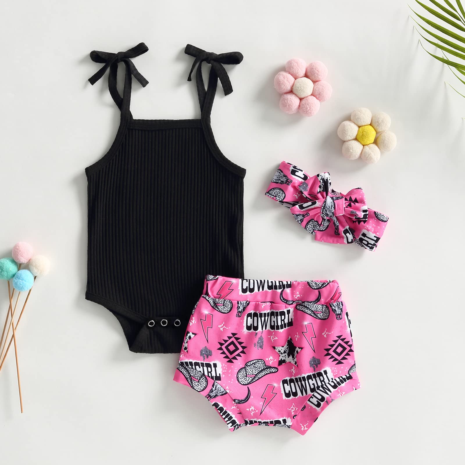 Cute Baby Girl Western Outfit Sleeveless Knitted Romper Cow Print Bummies Shorts Headband Summer Infant Set (Black, 12-18 Months)