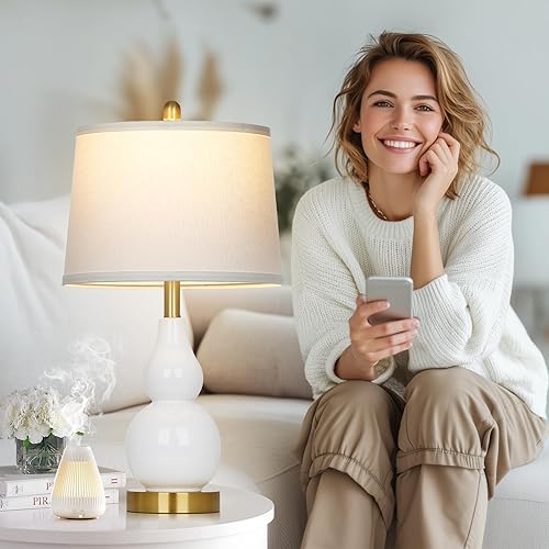 Miniatura 5 de Juego de 2 lámparas de mesa de cerámica de 25 pulgadas, modernas lámparas de mesa de cerámica de doble calabaza para sala de estar, lámparas