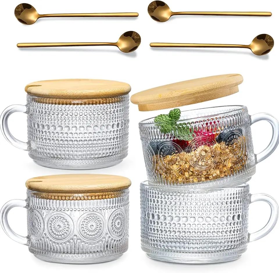 SECURE E COMMERCE Classic Retro Vintage Style Embossed Coffee Mugs 4 w/Bamboo Lids and Golden Stainless Steel Spoons, Cappuccino,Tea, Fruit, Yogurt, Overnight Oats Mugs, Irish Coffee Mugs